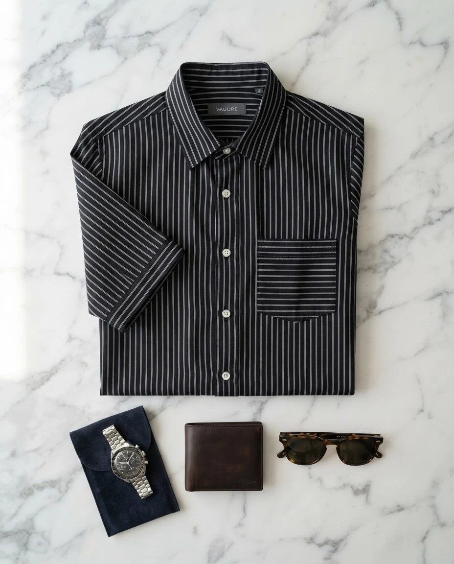 The Pinstripe Architectural Camp-Collar Shirt — Jet Black with Fine White Vertical & Hor — the shirt (casual/formal) — VAUDRE numbered luxury — view 4