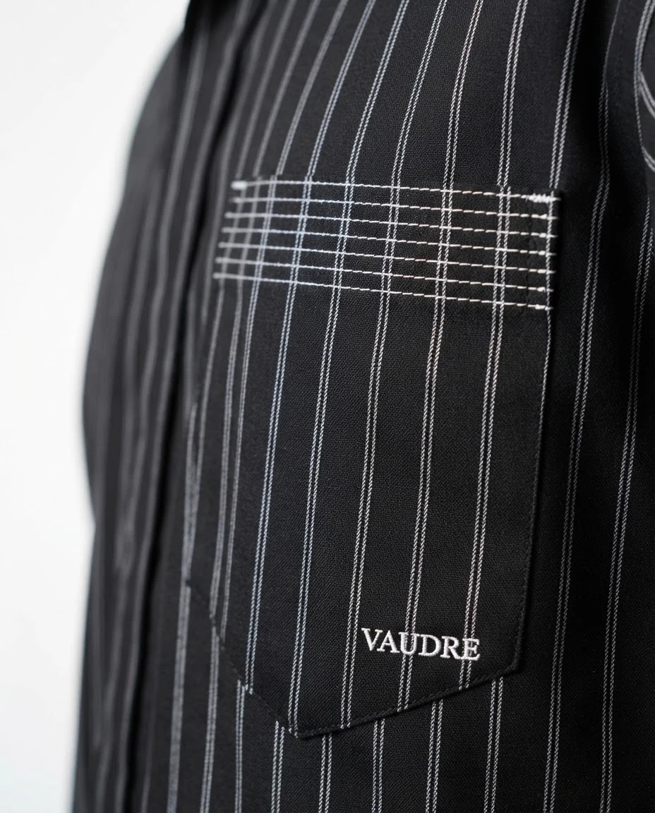 The Pinstripe Architectural Camp-Collar Shirt — Jet Black with Fine White Vertical & Hor — the shirt (casual/formal) — VAUDRE numbered luxury — view 5