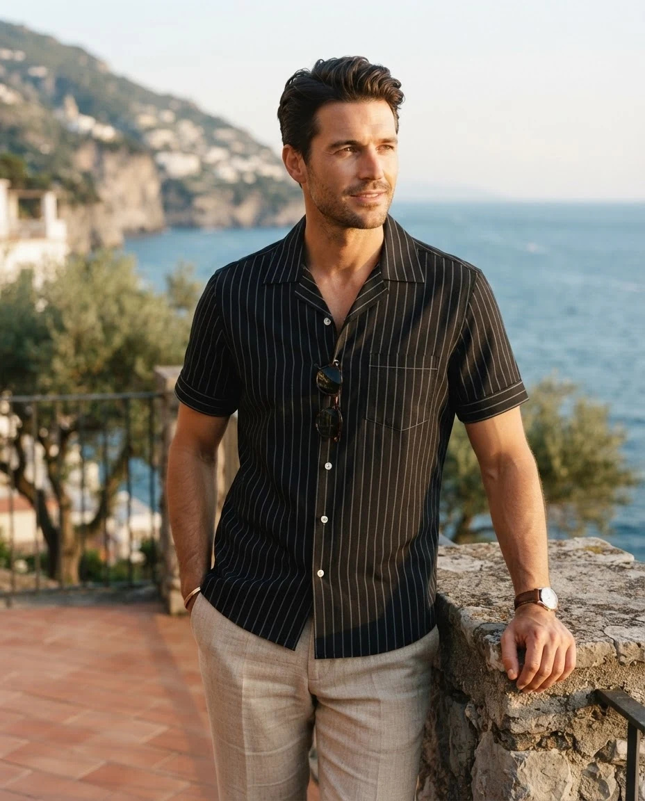 The Pinstripe Architectural Camp-Collar Shirt — Jet Black with Fine White Vertical & Hor — the shirt (casual/formal) — VAUDRE numbered luxury — view 2