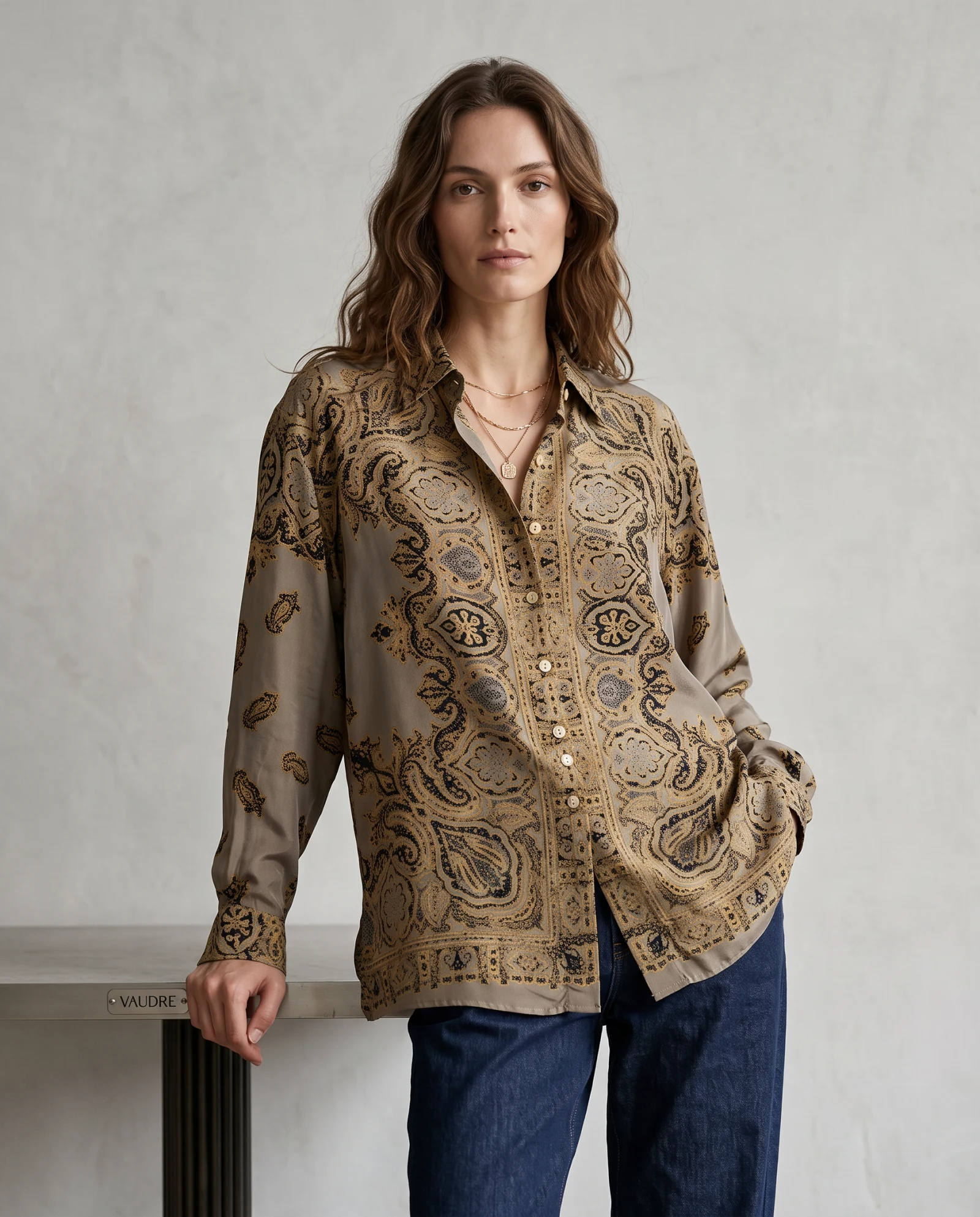 The Baroque Paisley Silk Foulard Shirt — Antique Khaki Taupe with Golden Ochre & — the blouses — VAUDRE numbered luxury — view 2