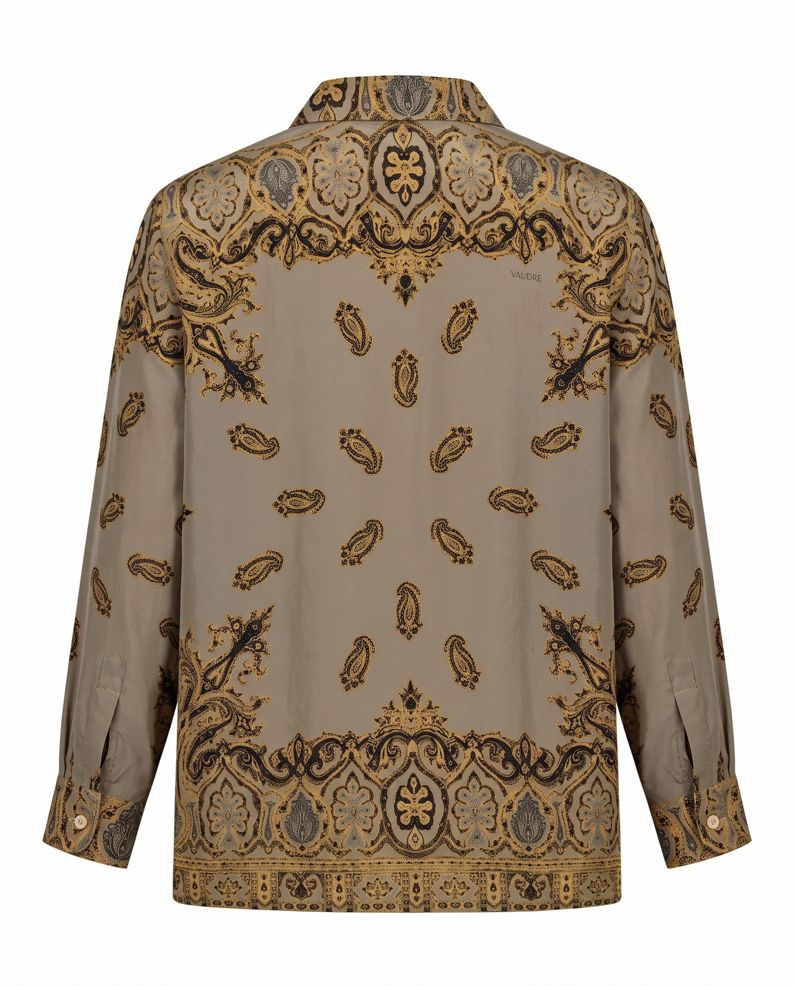 The Baroque Paisley Silk Foulard Shirt — Antique Khaki Taupe with Golden Ochre & — the blouses — VAUDRE numbered luxury — view 3