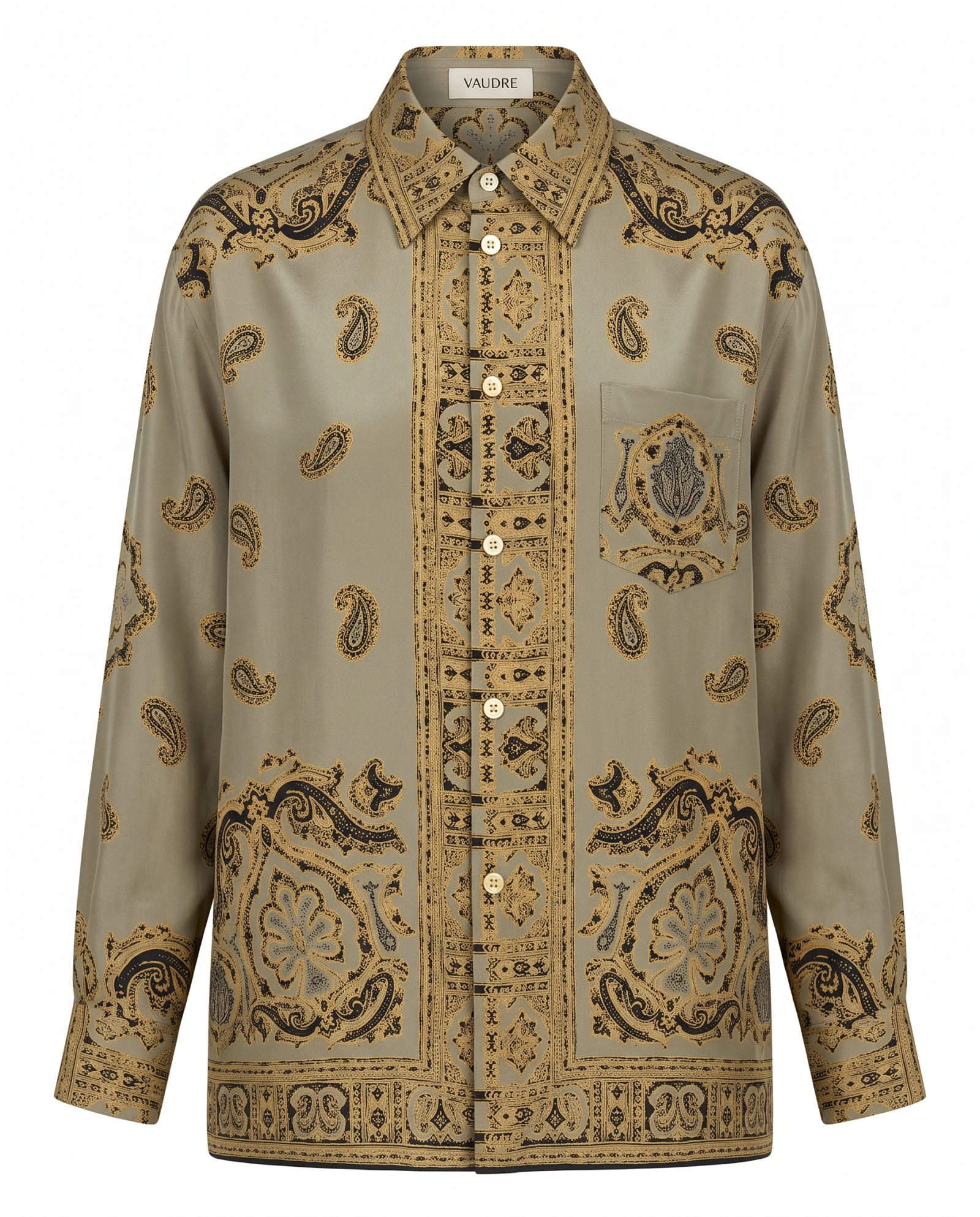 The Baroque Paisley Silk Foulard Shirt — Antique Khaki Taupe with Golden Ochre & — the blouses — VAUDRE numbered luxury