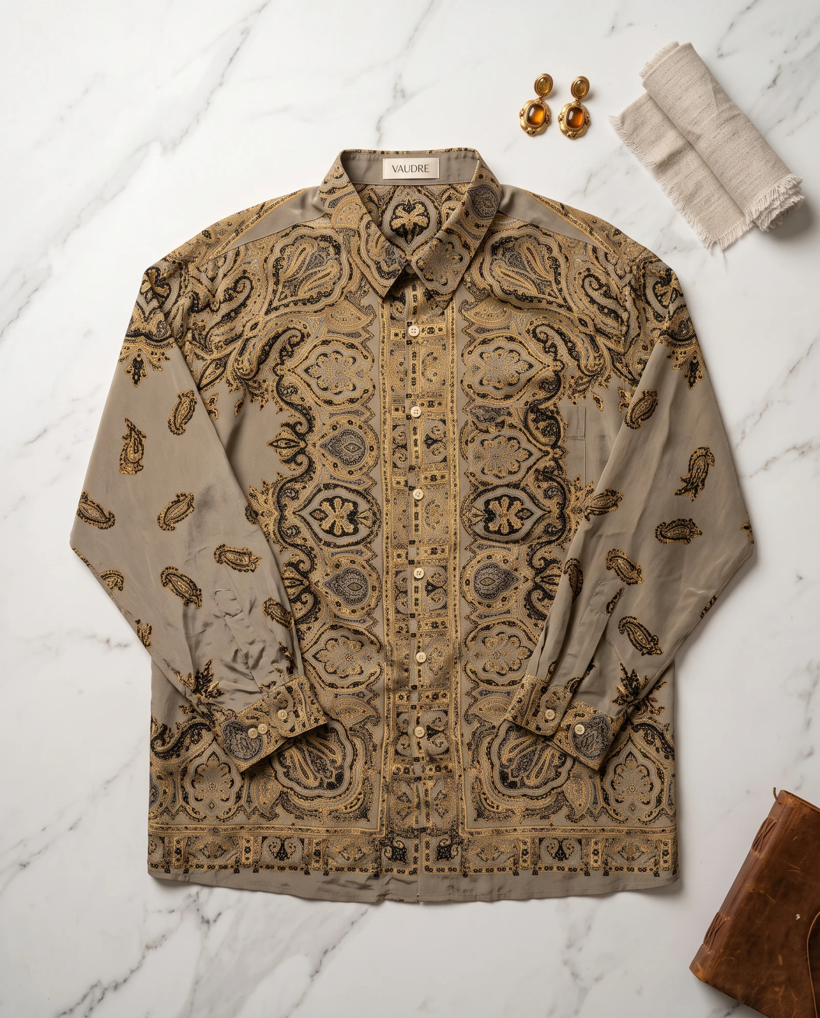 The Baroque Paisley Silk Foulard Shirt — Antique Khaki Taupe with Golden Ochre & — the blouses — VAUDRE numbered luxury — view 4