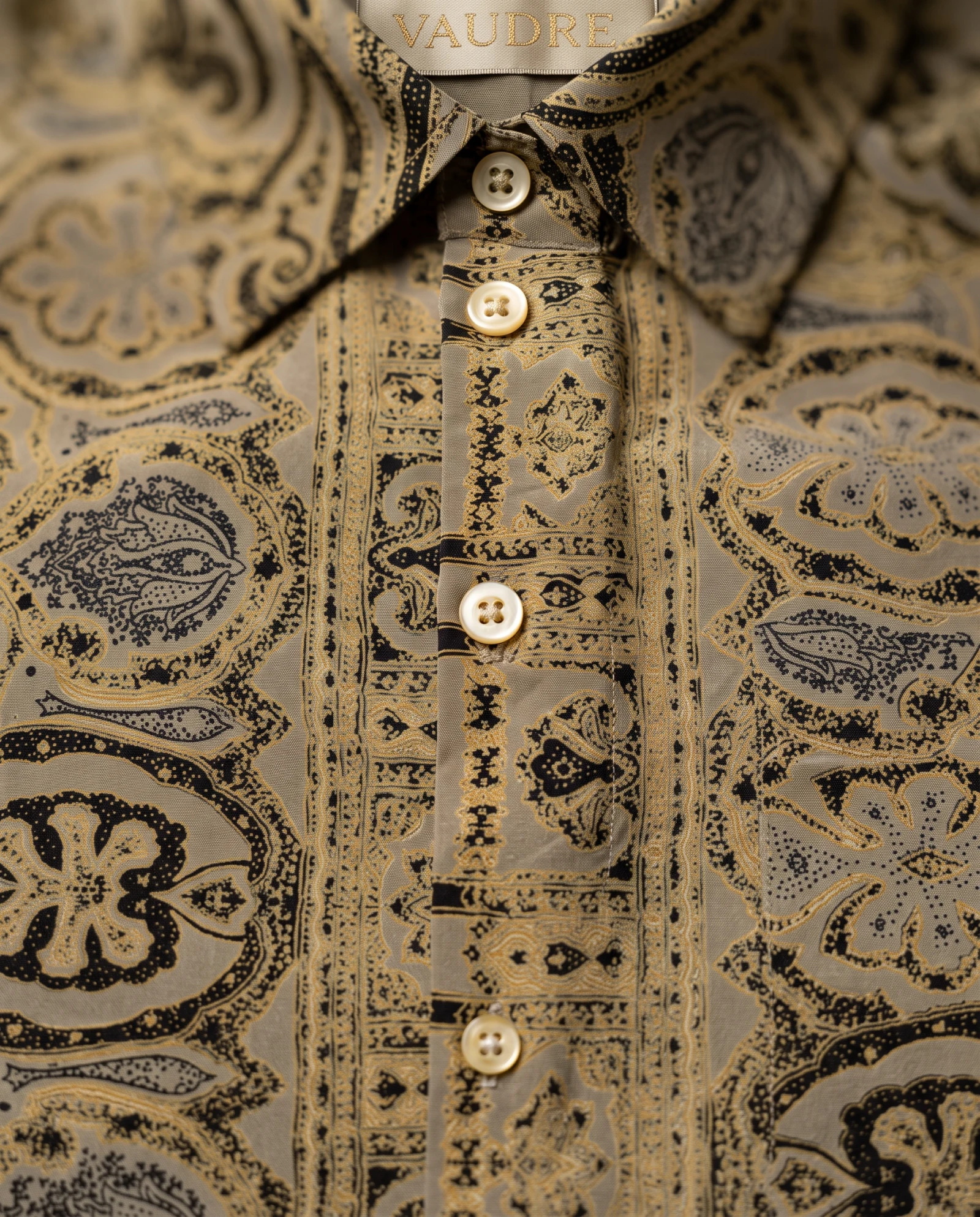 The Baroque Paisley Silk Foulard Shirt — Antique Khaki Taupe with Golden Ochre & — the blouses — VAUDRE numbered luxury — view 5