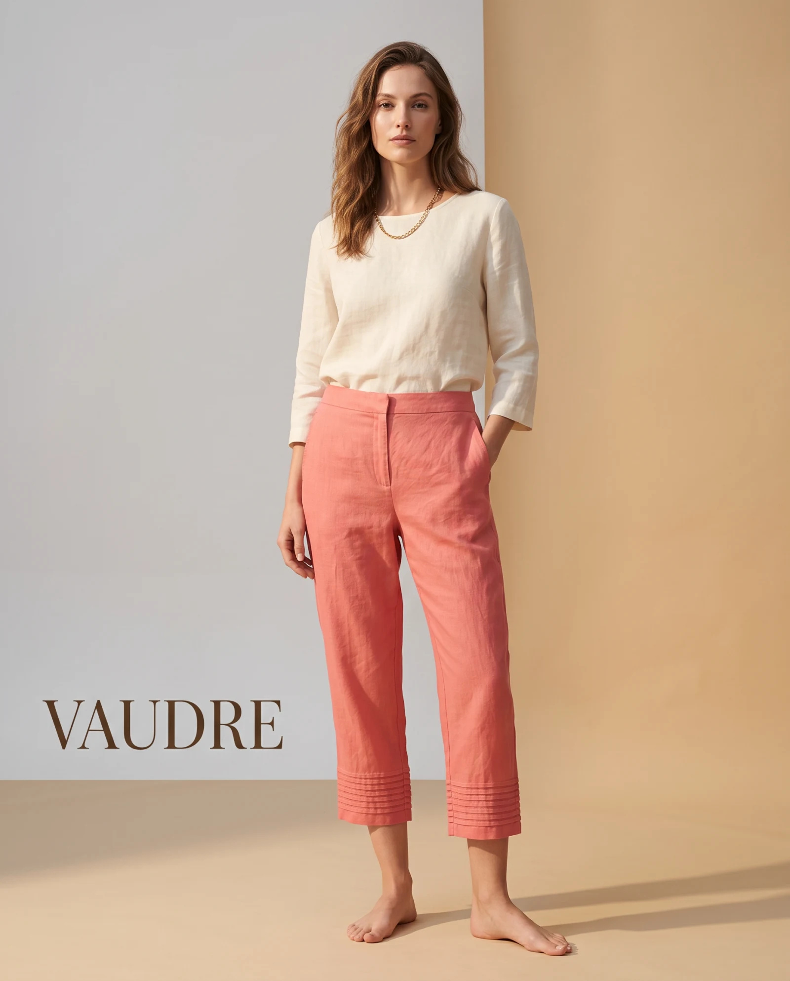 The Pintuck-Hem Coral Linen Cropped Pants — Vibrant Sunset Coral Warm Rose — the linen edit — VAUDRE numbered luxury — view 2