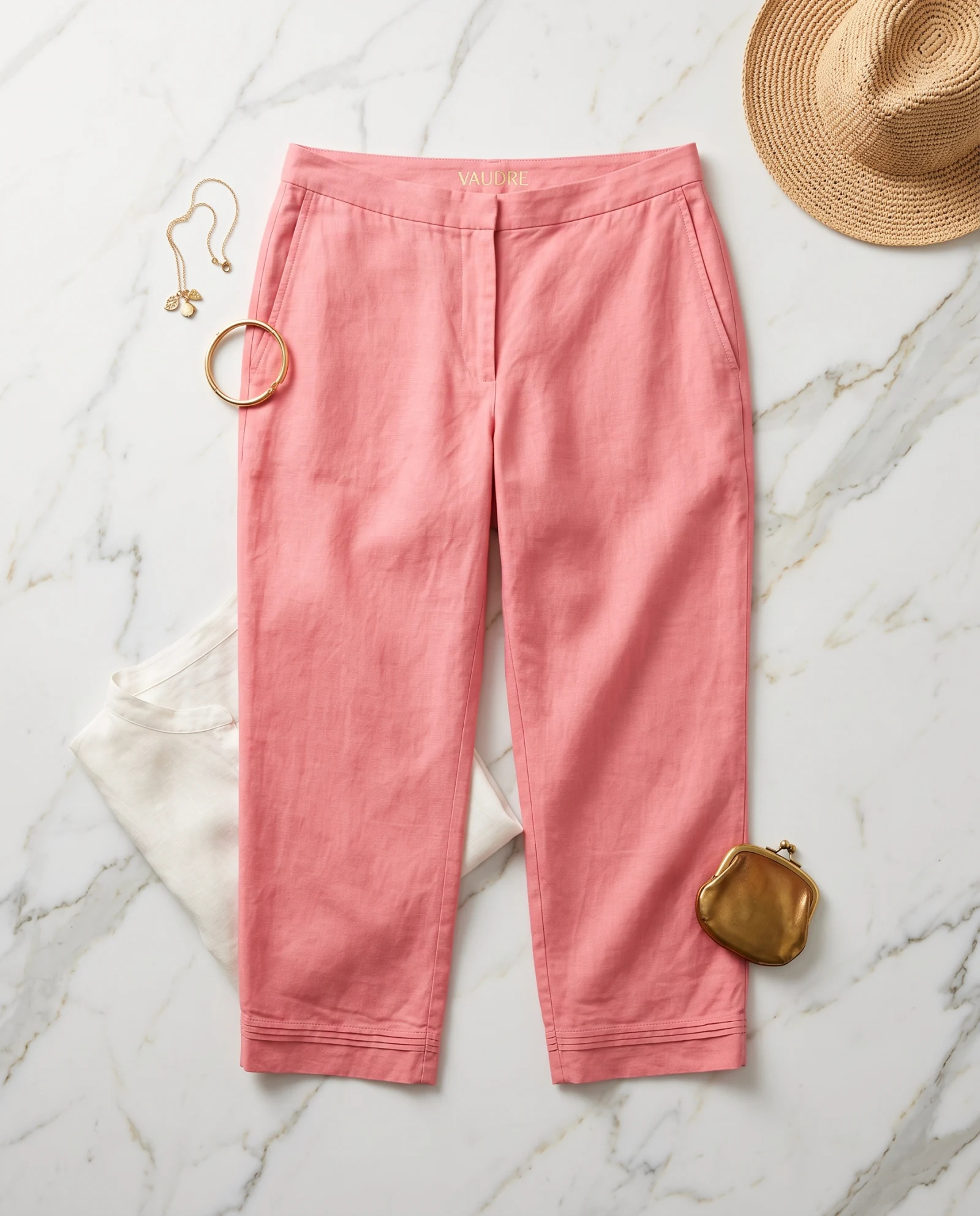 The Pintuck-Hem Coral Linen Cropped Pants — Vibrant Sunset Coral Warm Rose — the linen edit — VAUDRE numbered luxury — view 4