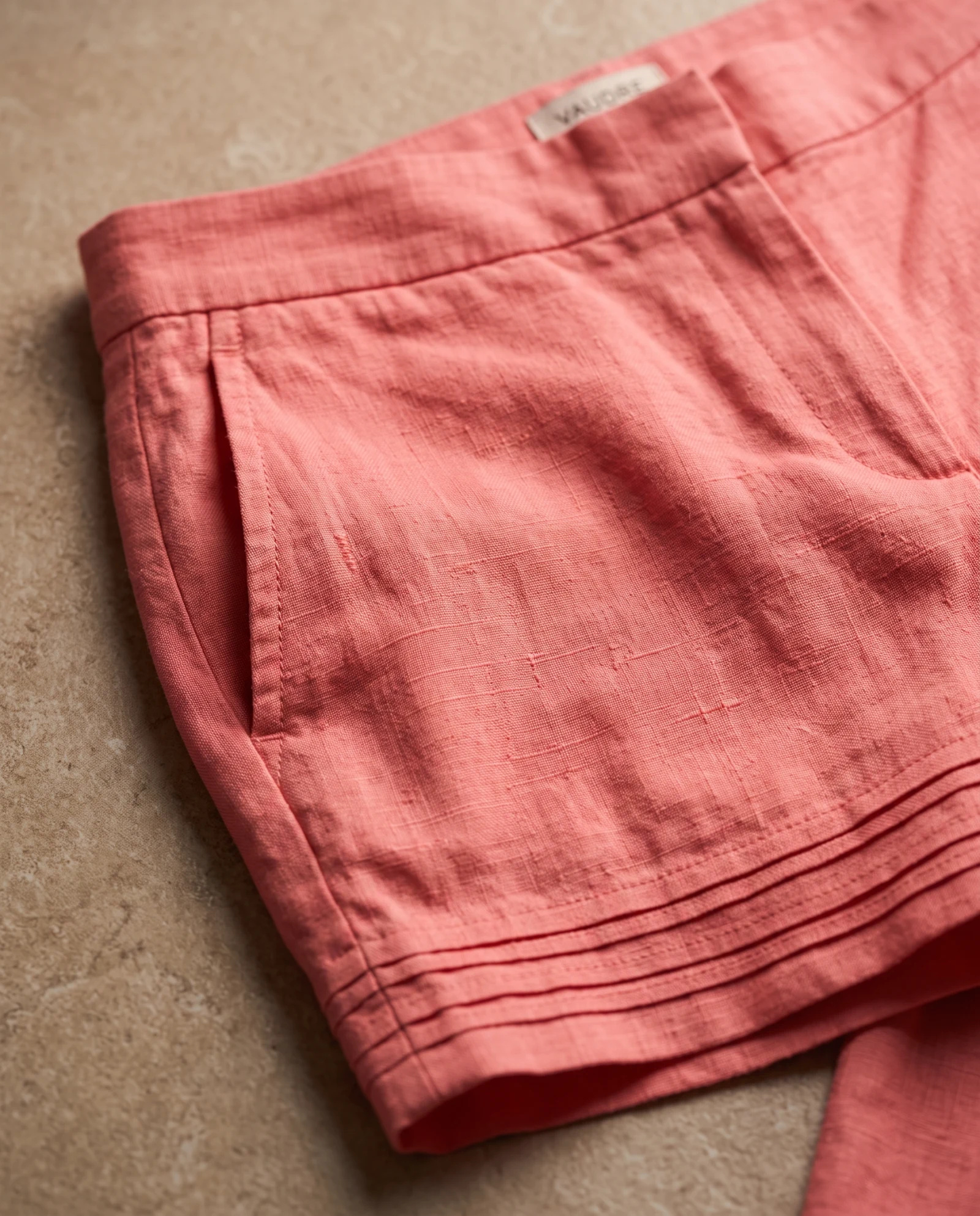 The Pintuck-Hem Coral Linen Cropped Pants — Vibrant Sunset Coral Warm Rose — the linen edit — VAUDRE numbered luxury — view 5