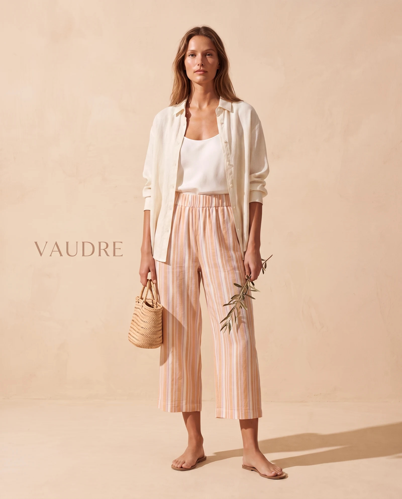 The Seaside Multi-Stripe Linen Culottes — Sand Beige Cream & Soft Mauve-Lavender — the linen edit — VAUDRE numbered luxury — view 2