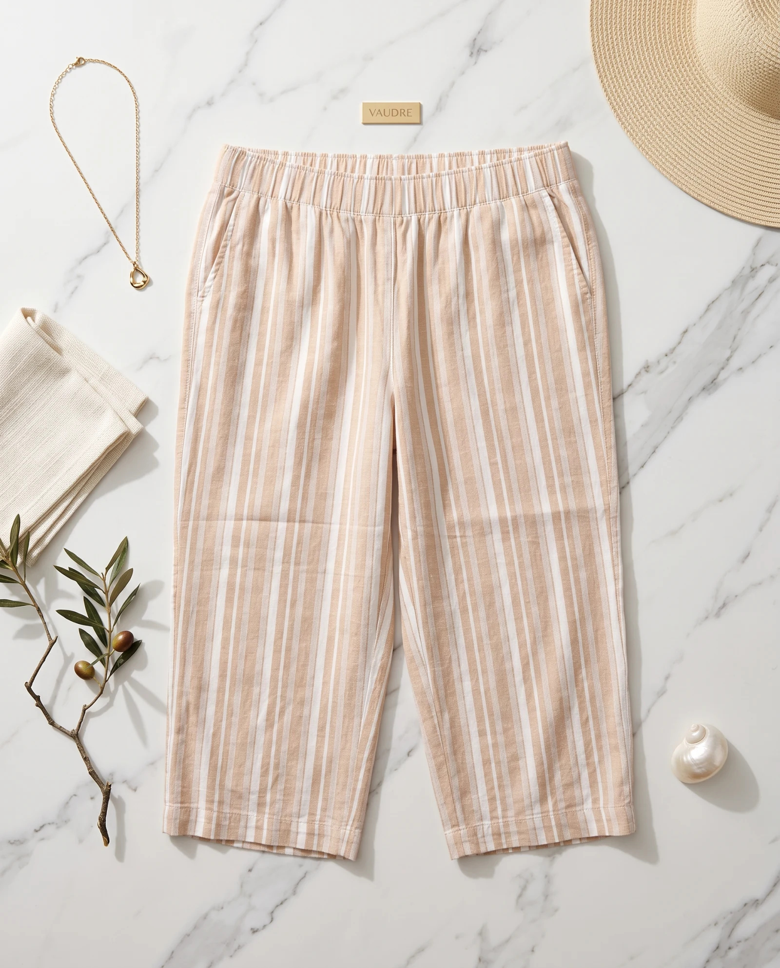 The Seaside Multi-Stripe Linen Culottes — Sand Beige Cream & Soft Mauve-Lavender — the linen edit — VAUDRE numbered luxury — view 4