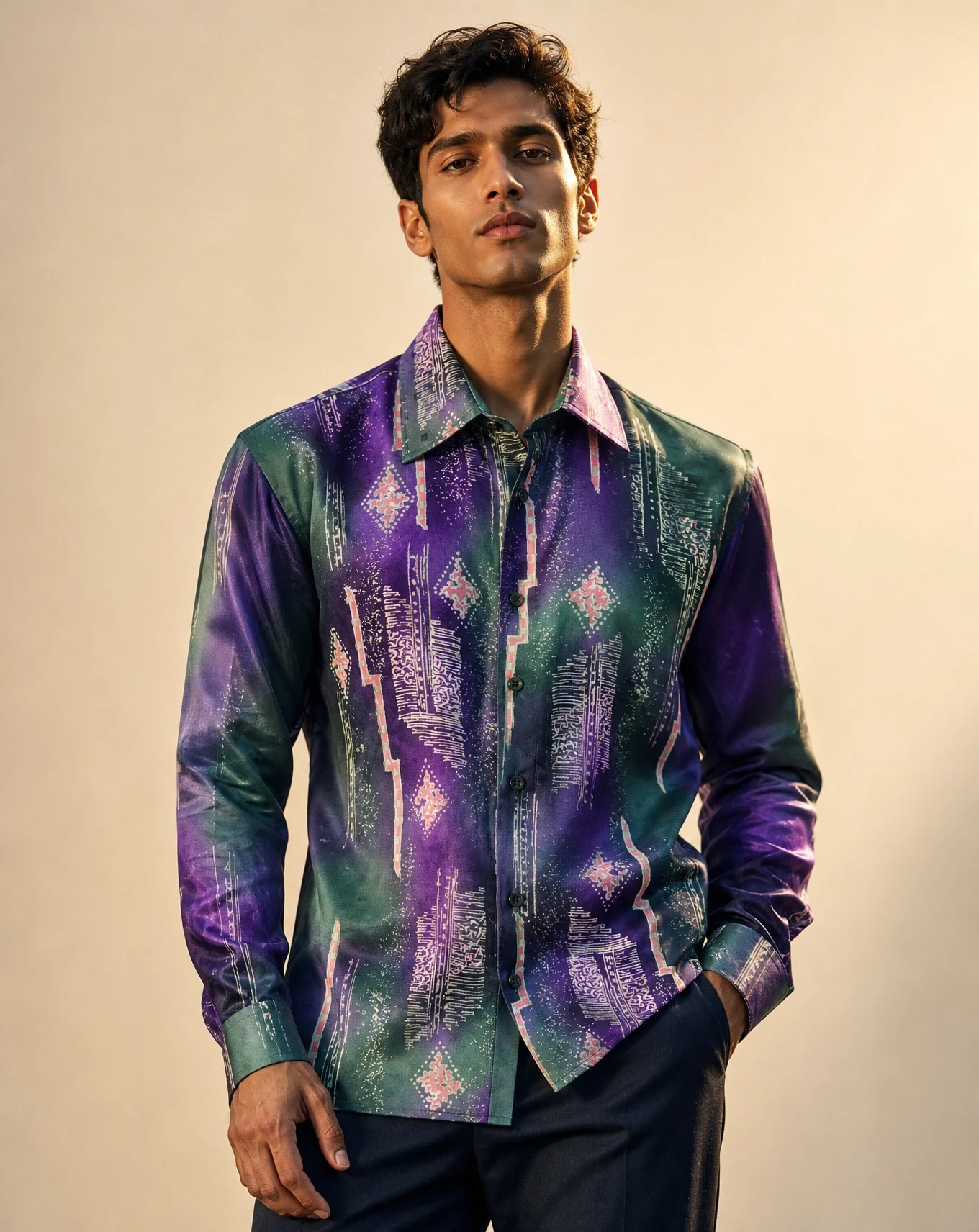 The Aurora Ikat Silk-Blend Long-Sleeve Shirt — Emerald Green Royal Purple & Ecru Geome — the printed t-shirts & shirts — VAUDRE numbered luxury — view 2