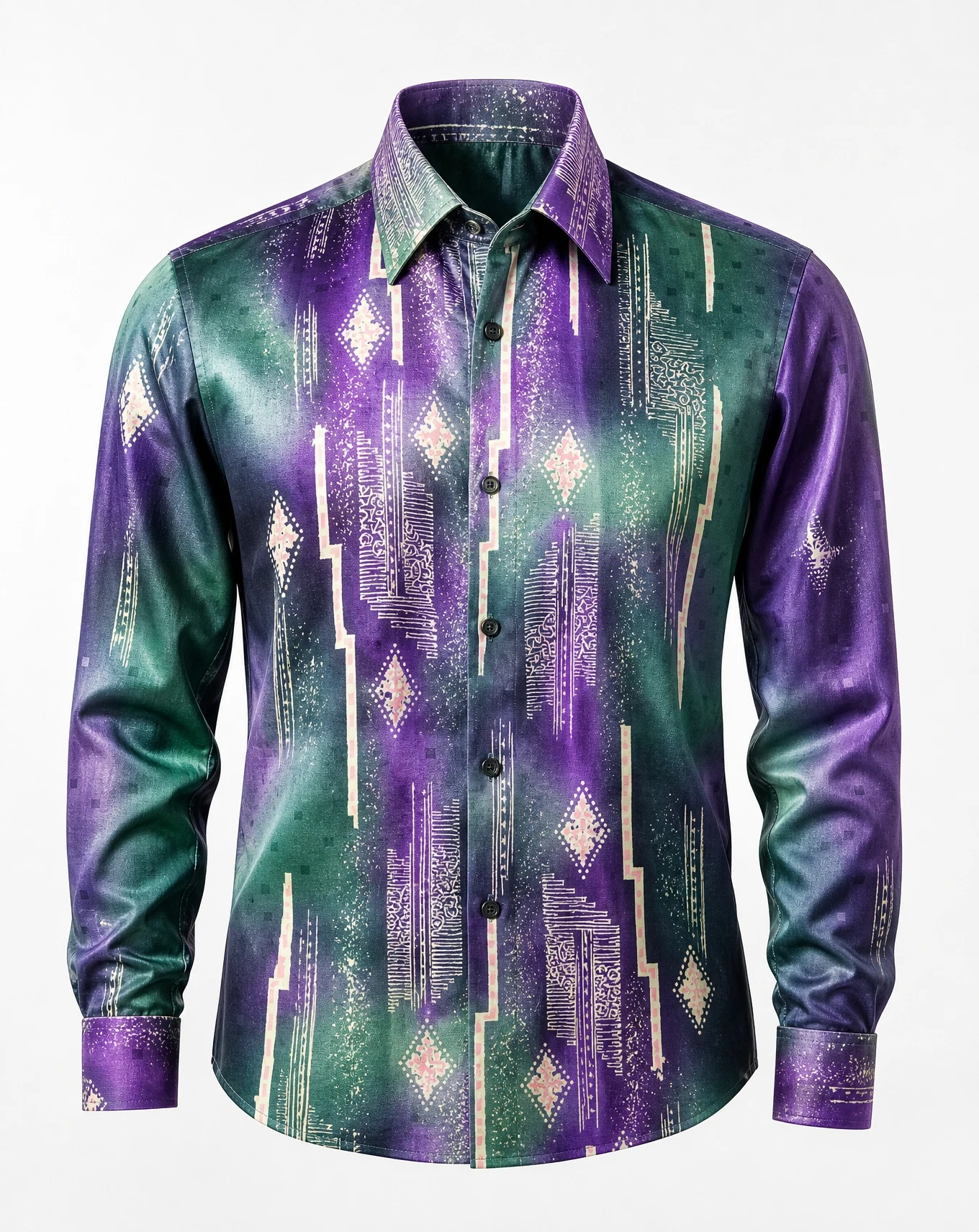 The Aurora Ikat Silk-Blend Long-Sleeve Shirt — Emerald Green Royal Purple & Ecru Geome — the printed t-shirts & shirts — VAUDRE numbered luxury