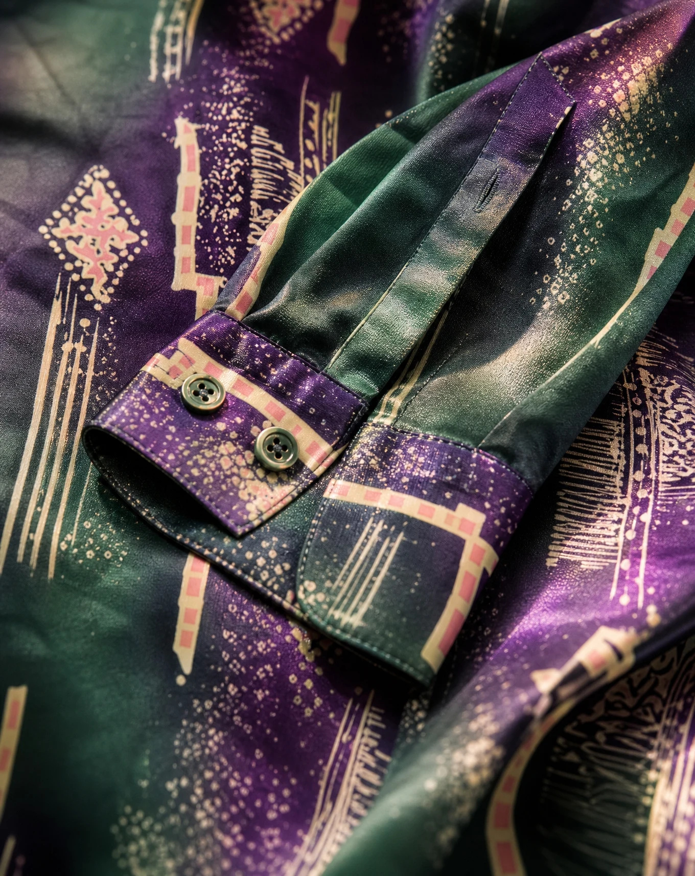 The Aurora Ikat Silk-Blend Long-Sleeve Shirt — Emerald Green Royal Purple & Ecru Geome — the printed t-shirts & shirts — VAUDRE numbered luxury — view 5
