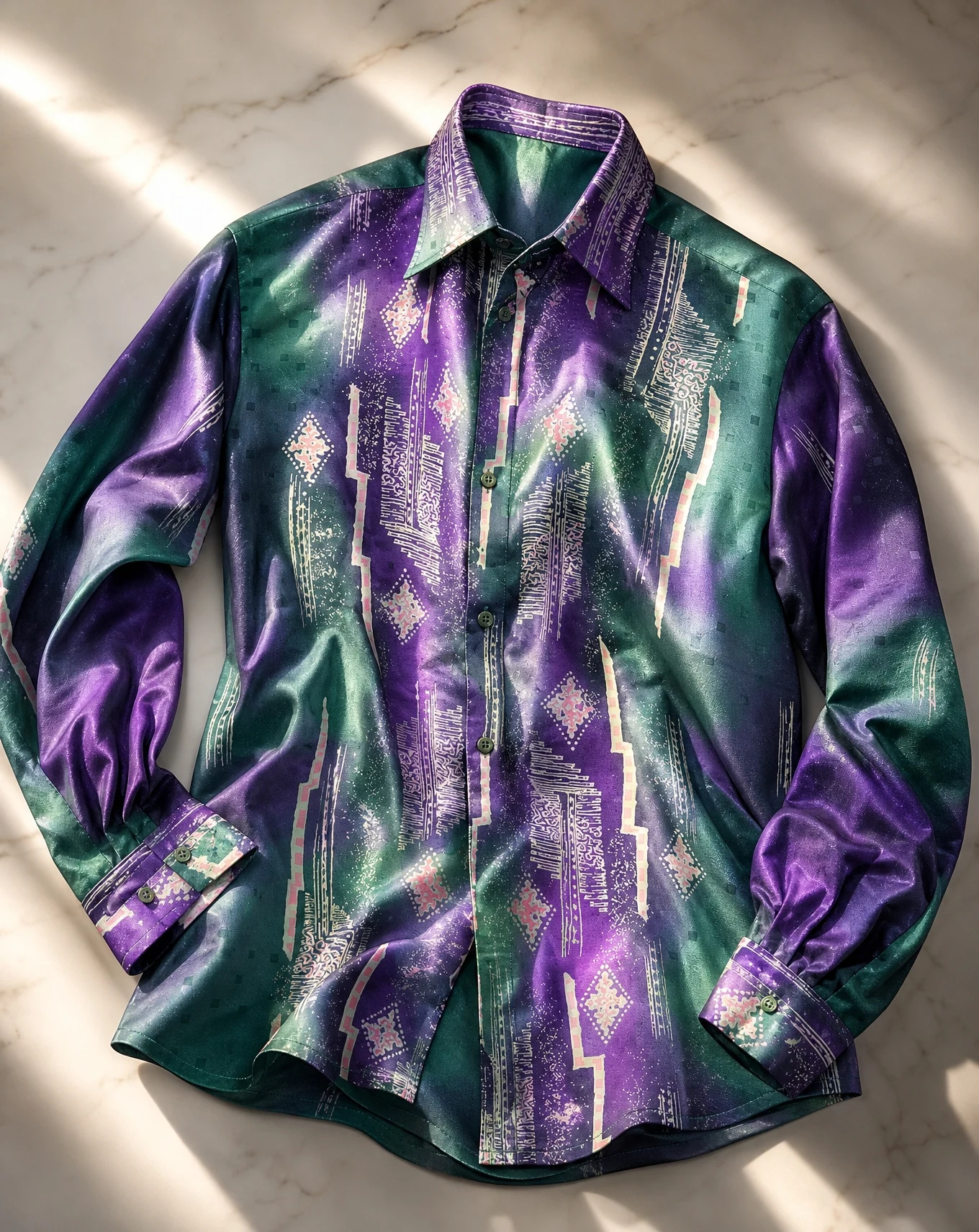 The Aurora Ikat Silk-Blend Long-Sleeve Shirt — Emerald Green Royal Purple & Ecru Geome — the printed t-shirts & shirts — VAUDRE numbered luxury — view 4