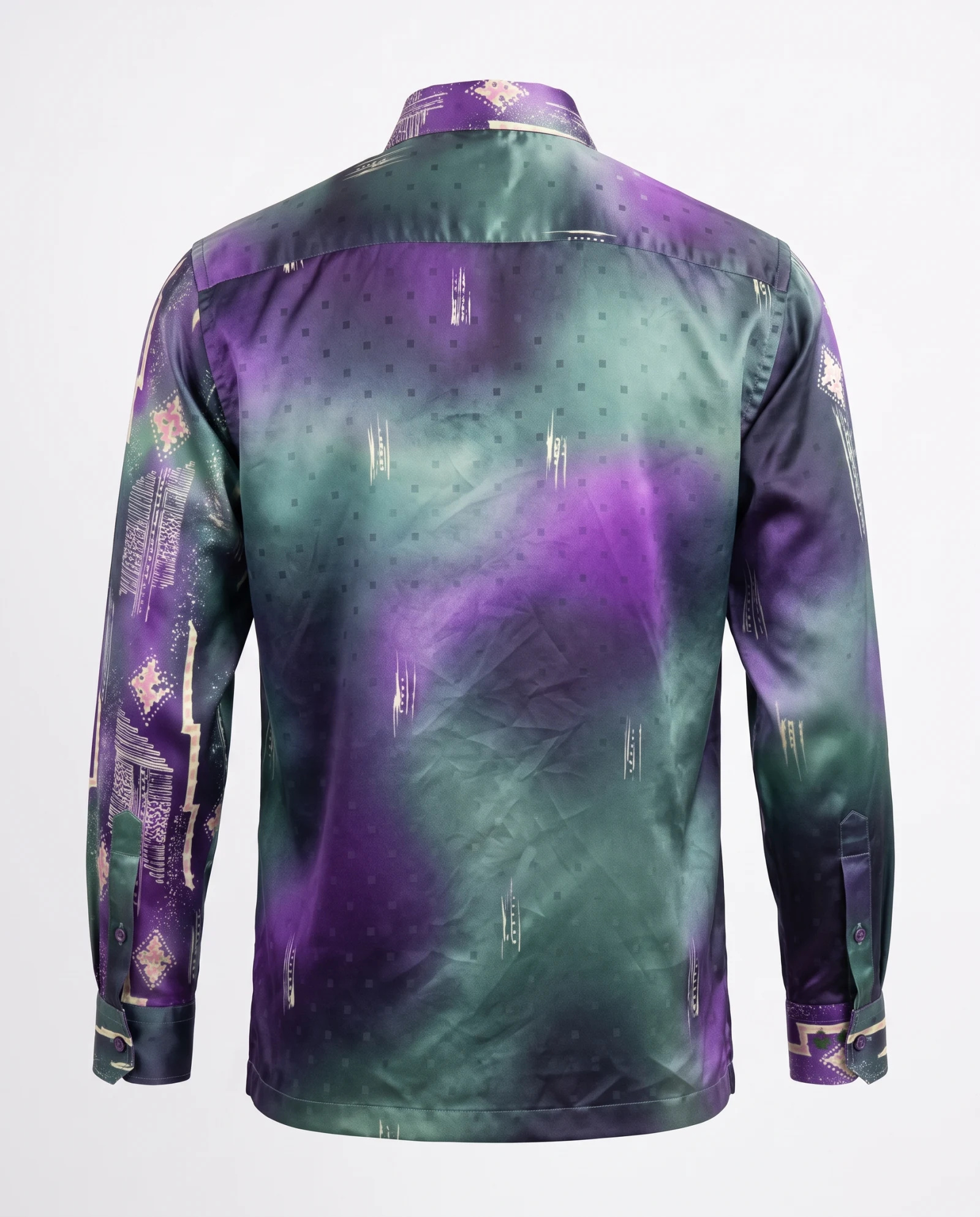 The Aurora Ikat Silk-Blend Long-Sleeve Shirt — Emerald Green Royal Purple & Ecru Geome — the printed t-shirts & shirts — VAUDRE numbered luxury — view 3