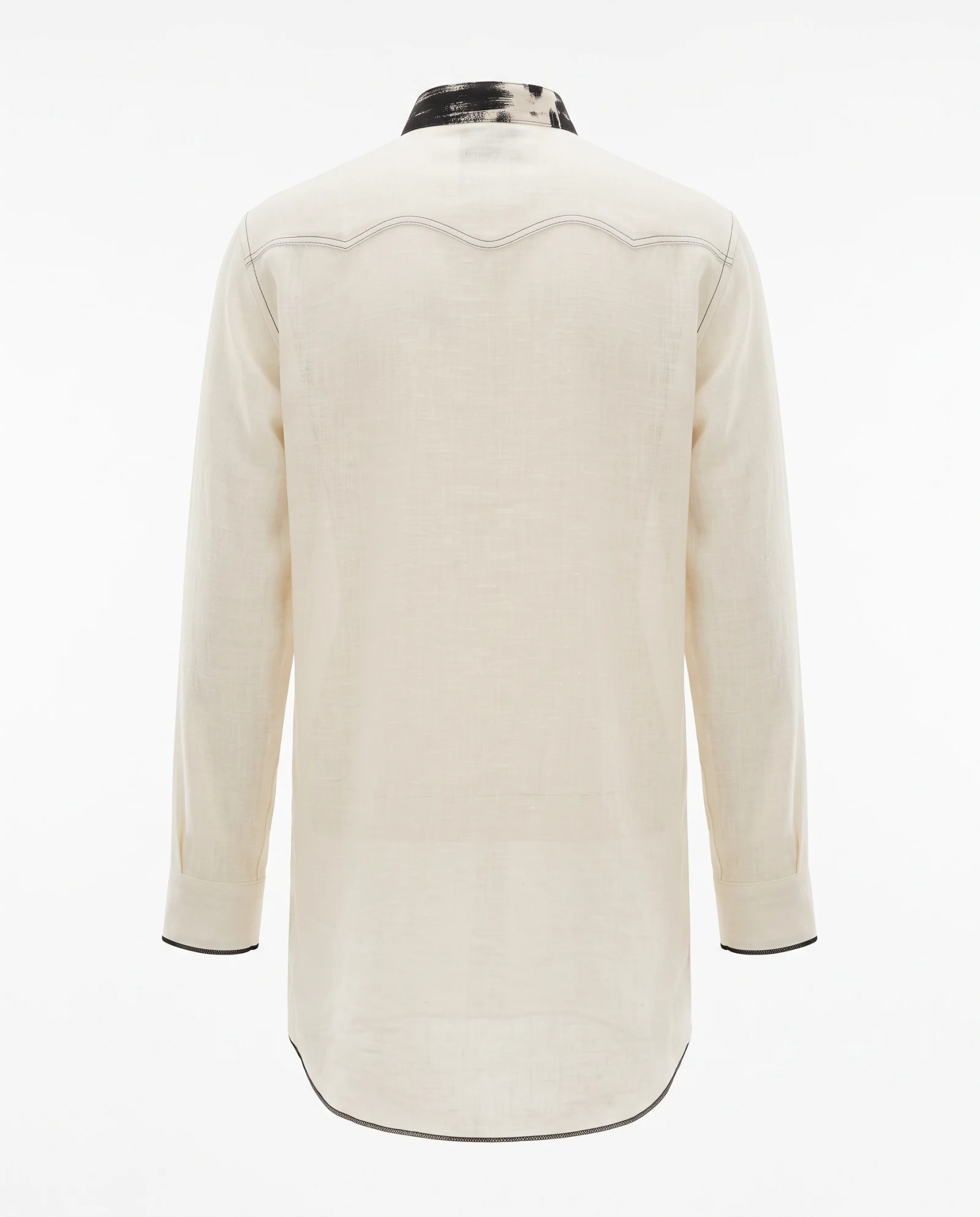 The Caligraphy Placket Pure Linen Tunic Shirt — Ecru Cream with Inked Charcoal Brushstro — the linen — VAUDRE numbered luxury — view 3