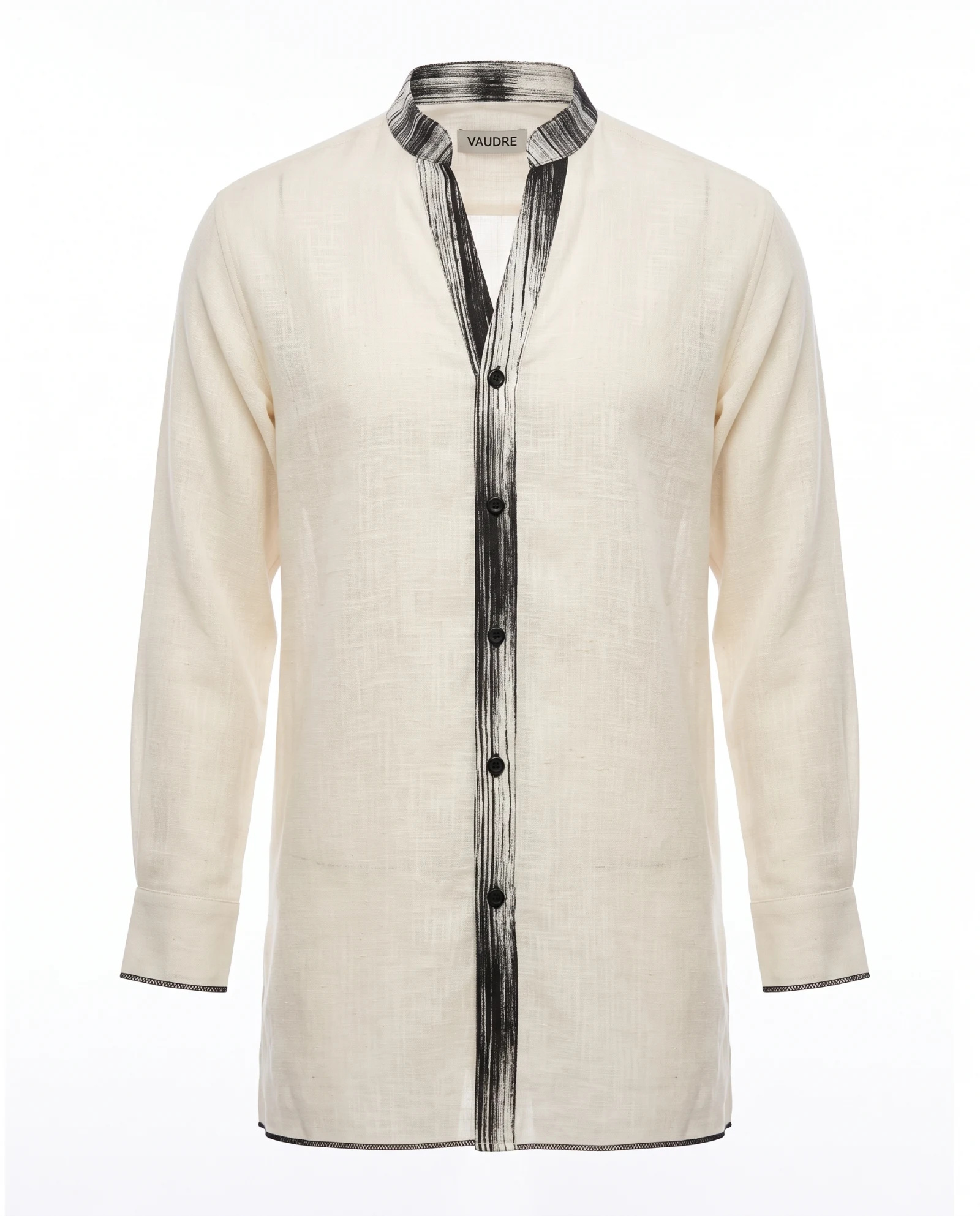 The Caligraphy Placket Pure Linen Tunic Shirt — Ecru Cream with Inked Charcoal Brushstro — the linen — VAUDRE numbered luxury