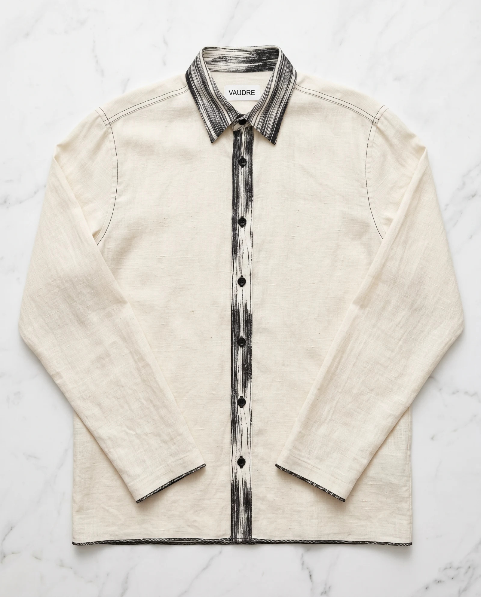 The Caligraphy Placket Pure Linen Tunic Shirt — Ecru Cream with Inked Charcoal Brushstro — the linen — VAUDRE numbered luxury — view 4