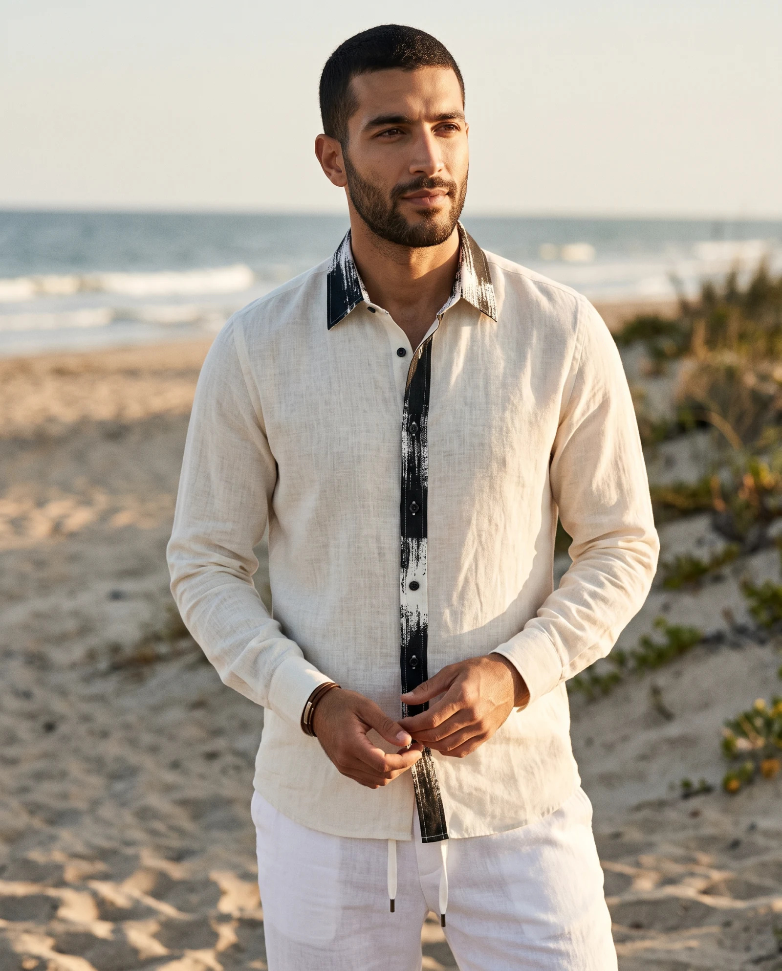 The Caligraphy Placket Pure Linen Tunic Shirt — Ecru Cream with Inked Charcoal Brushstro — the linen — VAUDRE numbered luxury — view 2