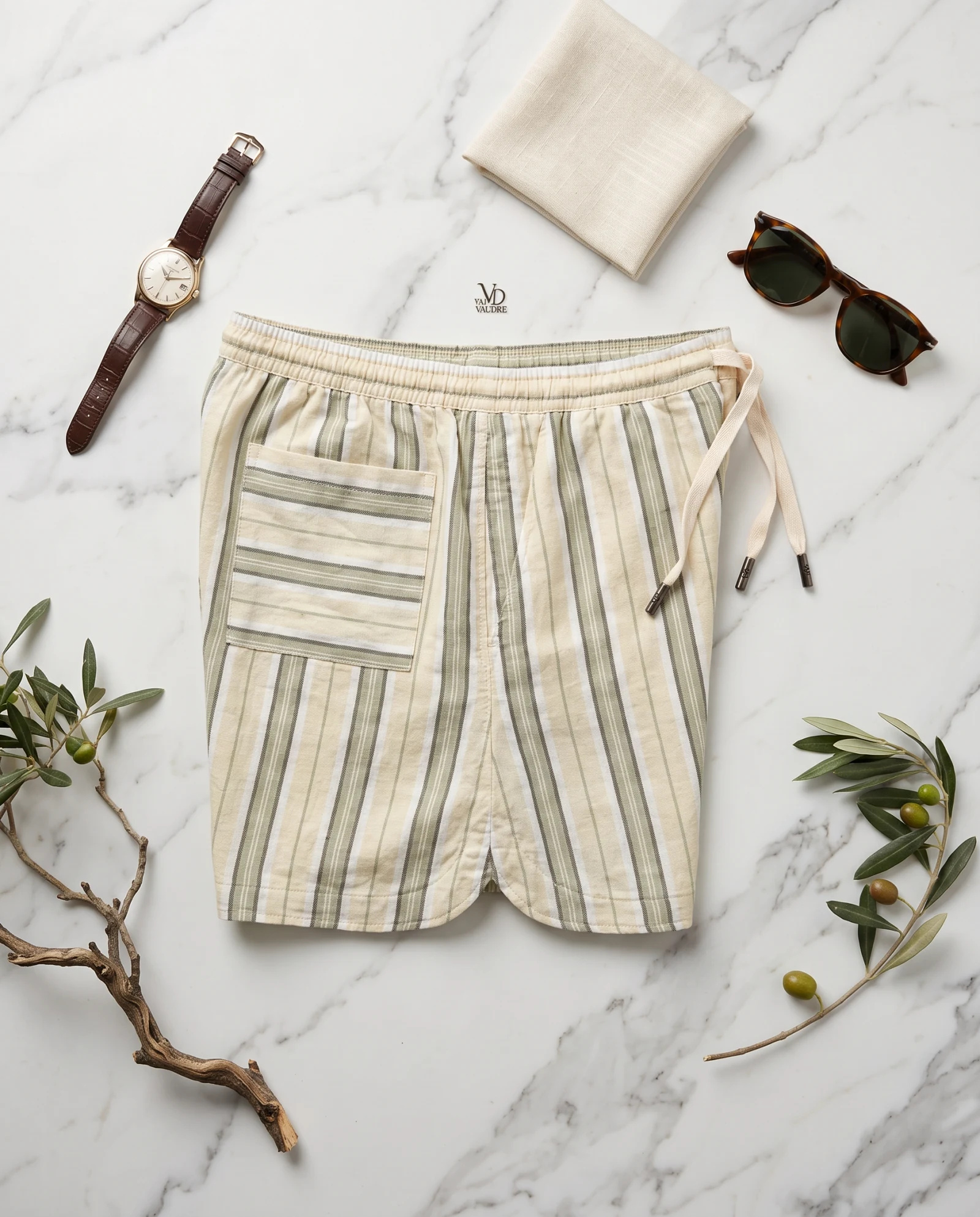 The Riviera Vintage Stripe Linen Resort Shorts — Sage Green Cream & Wheat Vintage Multis — the linen — VAUDRE numbered luxury — view 4
