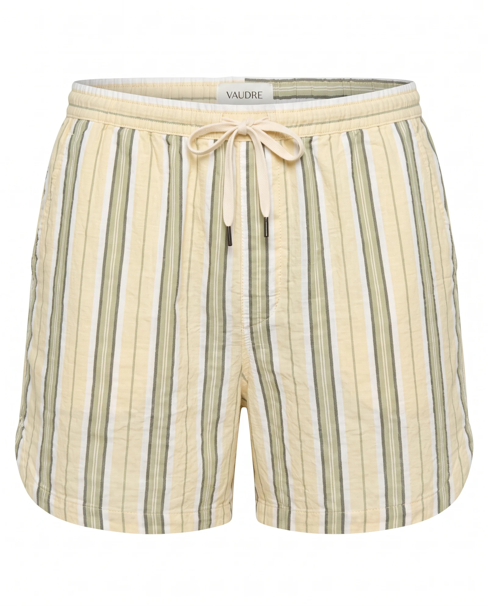 The Riviera Vintage Stripe Linen Resort Shorts — Sage Green Cream & Wheat Vintage Multis — the linen — VAUDRE numbered luxury