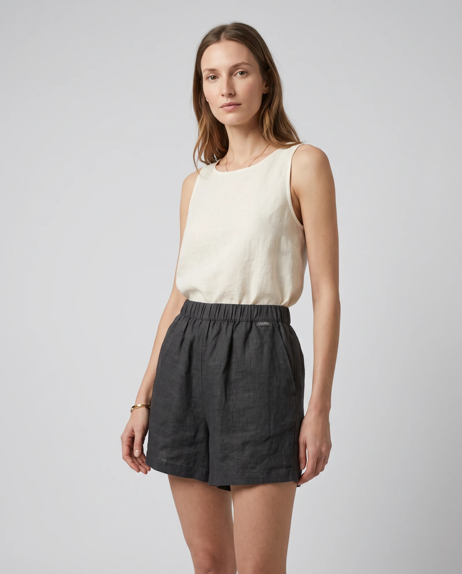 The Obsidian Slub Linen Drawstring Shorts — Obsidian Charcoal Slate — the linen edit — VAUDRE numbered luxury — view 2