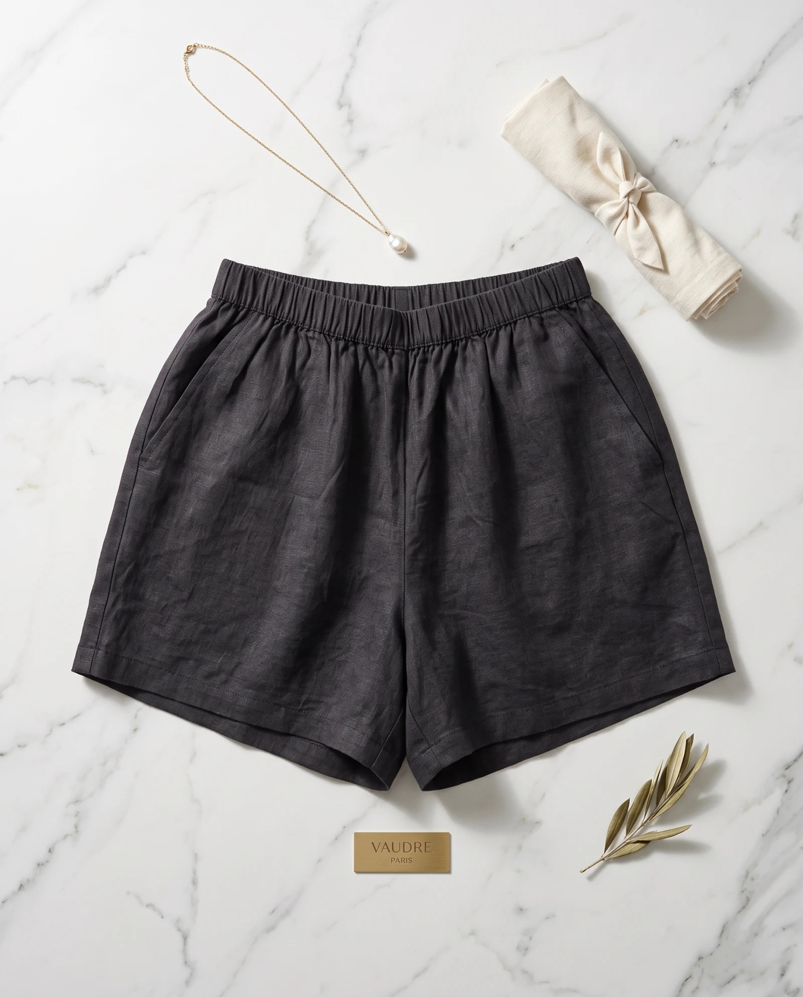 The Obsidian Slub Linen Drawstring Shorts — Obsidian Charcoal Slate — the linen edit — VAUDRE numbered luxury — view 4