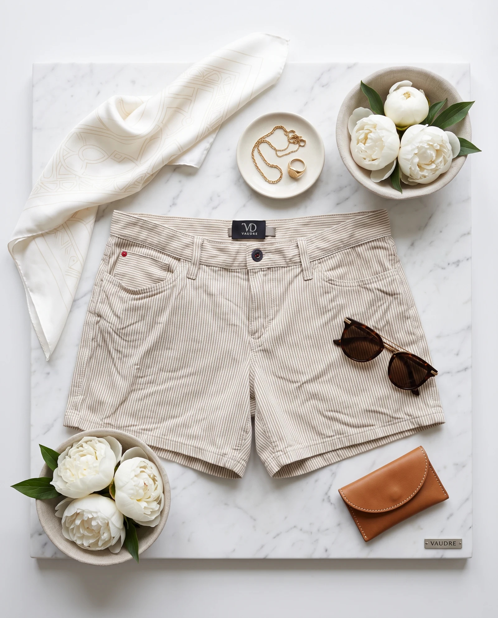 The Sandstone Pinstripe Tailored Linen Shorts — Sandstone Beige & Warm Ivory Fine Pinstr — the linen edit — VAUDRE numbered luxury — view 4