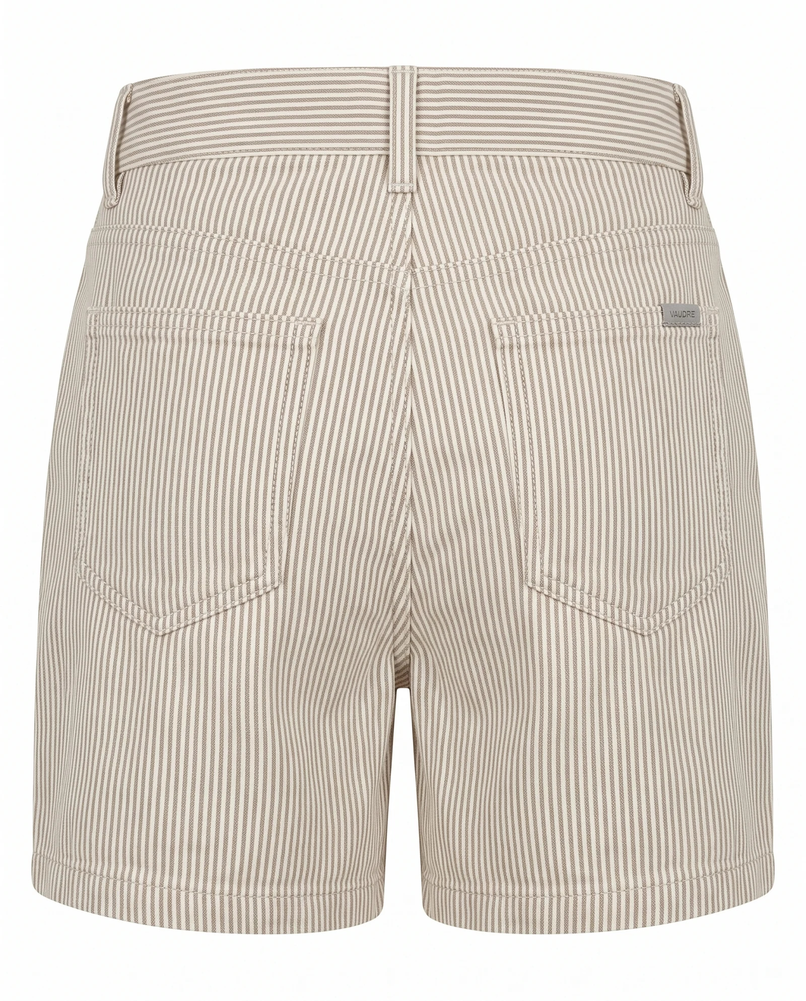 The Sandstone Pinstripe Tailored Linen Shorts — Sandstone Beige & Warm Ivory Fine Pinstr — the linen edit — VAUDRE numbered luxury — view 3