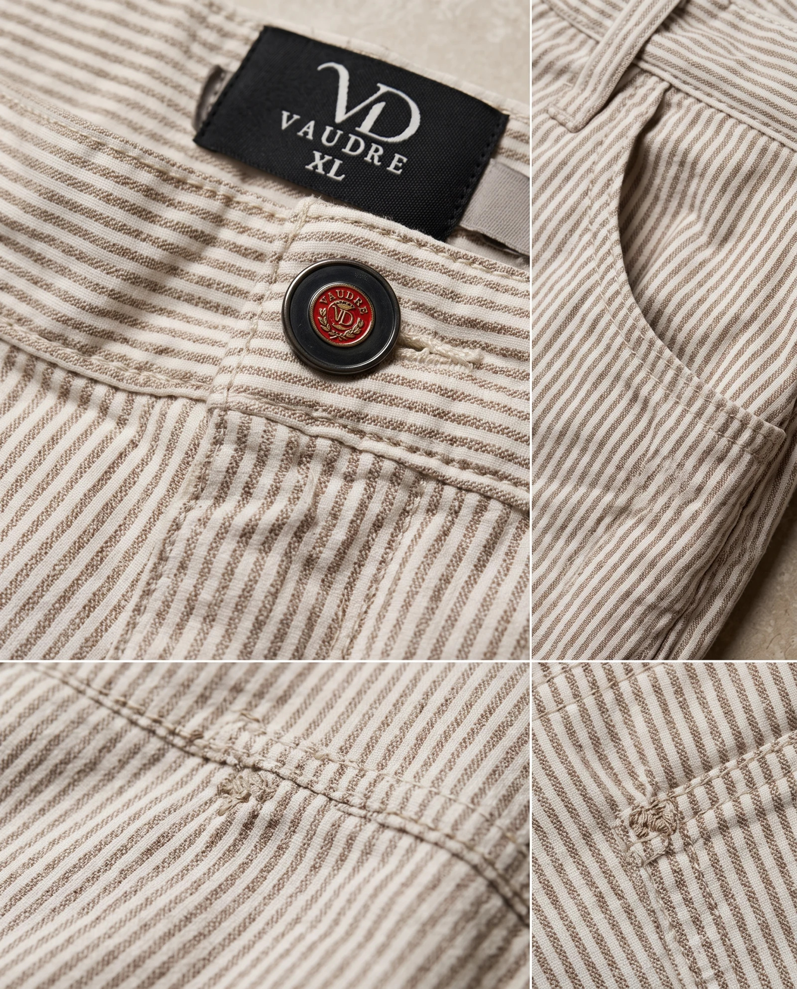 The Sandstone Pinstripe Tailored Linen Shorts — Sandstone Beige & Warm Ivory Fine Pinstr — the linen edit — VAUDRE numbered luxury — view 5