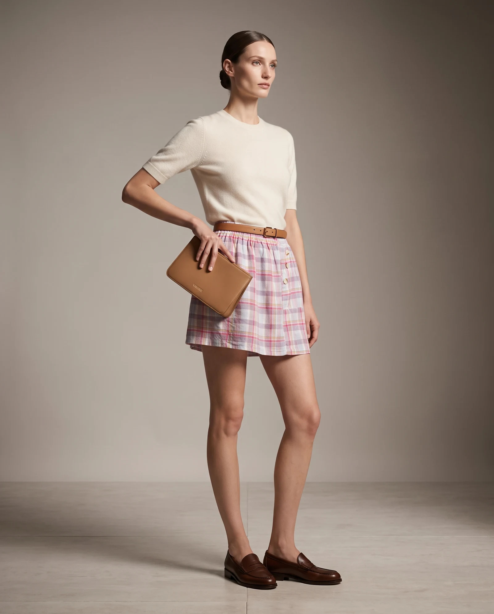 The Lilac Blossom Madras Check Asymmetric Mini Skirt — Pastel Lilac Coral Pink Sky Blue & Cre — the linen edit — VAUDRE numbered luxury — view 2