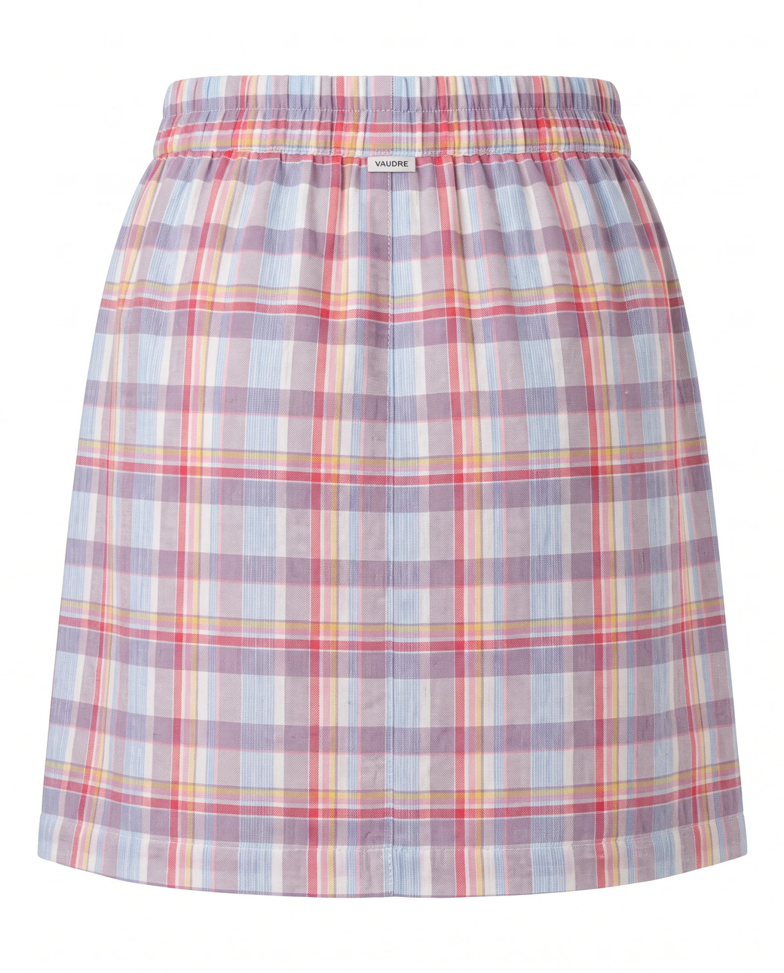 The Lilac Blossom Madras Check Asymmetric Mini Skirt — Pastel Lilac Coral Pink Sky Blue & Cre — the linen edit — VAUDRE numbered luxury — view 3
