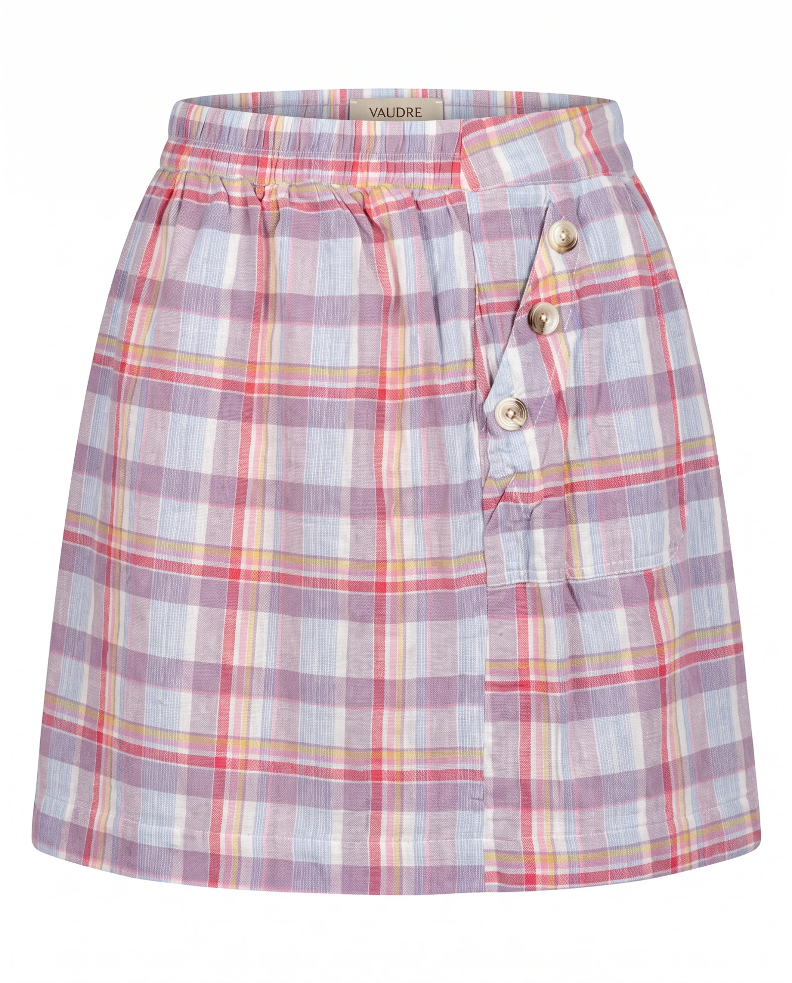 The Lilac Blossom Madras Check Asymmetric Mini Skirt — Pastel Lilac Coral Pink Sky Blue & Cre — the linen edit — VAUDRE numbered luxury