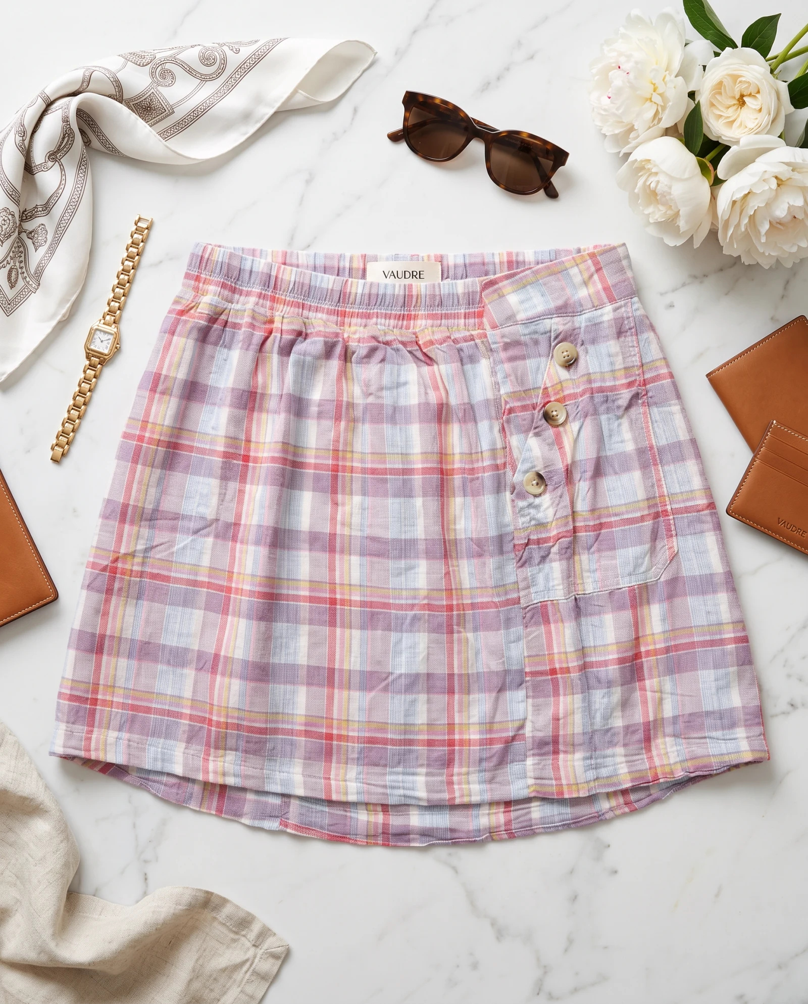 The Lilac Blossom Madras Check Asymmetric Mini Skirt — Pastel Lilac Coral Pink Sky Blue & Cre — the linen edit — VAUDRE numbered luxury — view 4