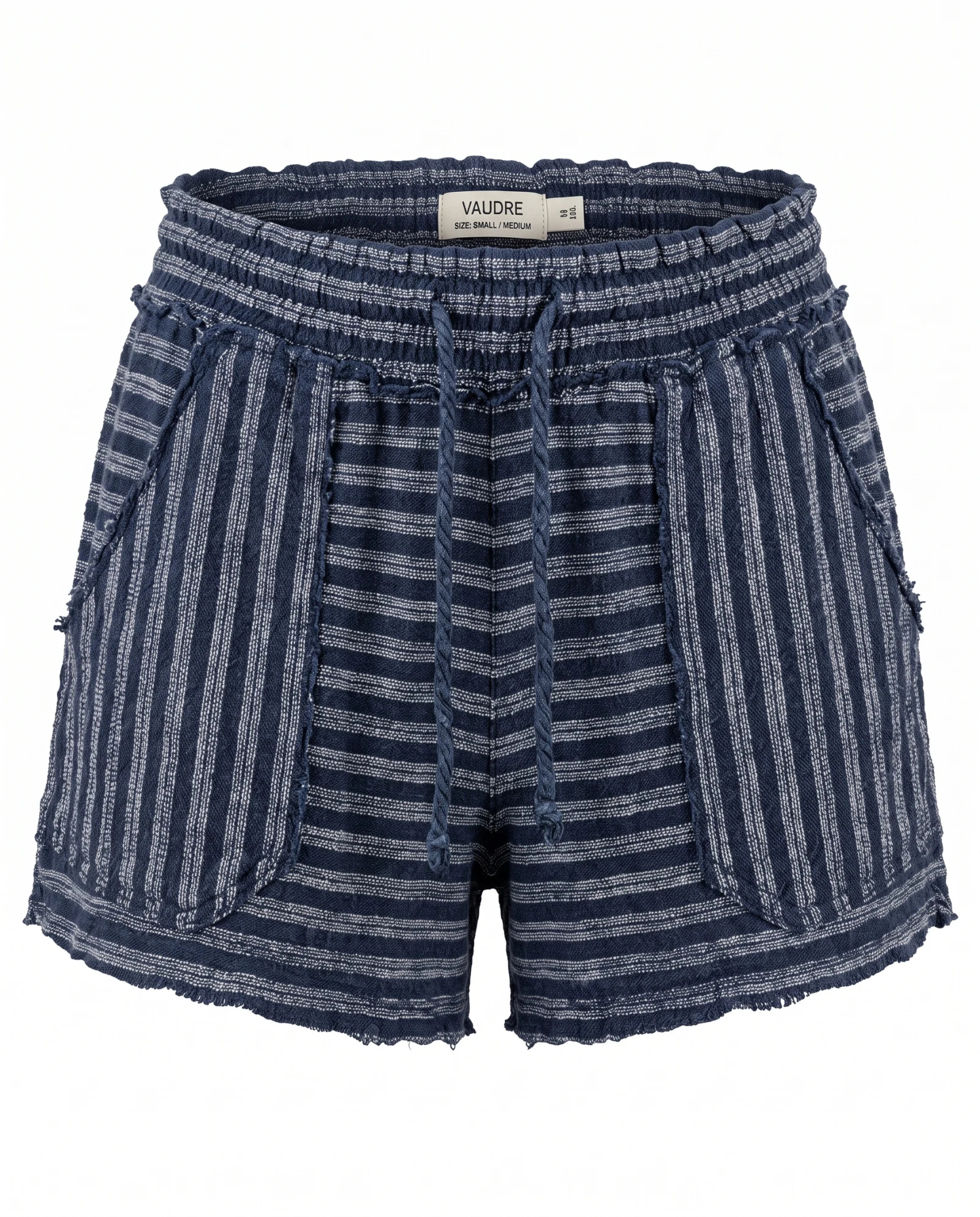 The Mediterranean Raw-Edge Textured Stripe Shorts — Deep Indigo Navy & Oatmeal Textured Stri — the linen edit — VAUDRE numbered luxury