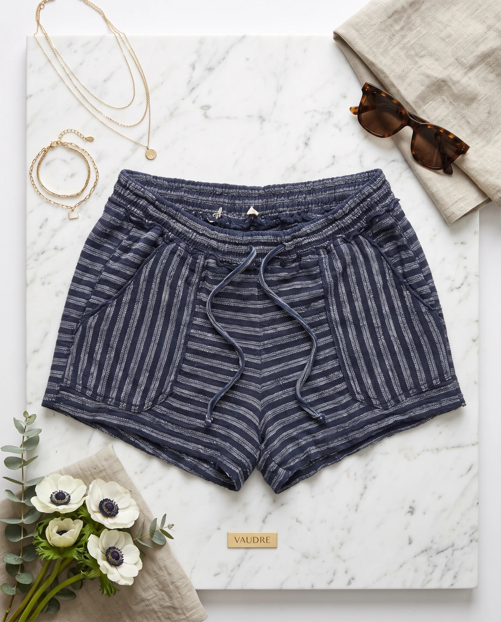 The Mediterranean Raw-Edge Textured Stripe Shorts — Deep Indigo Navy & Oatmeal Textured Stri — the linen edit — VAUDRE numbered luxury — view 4