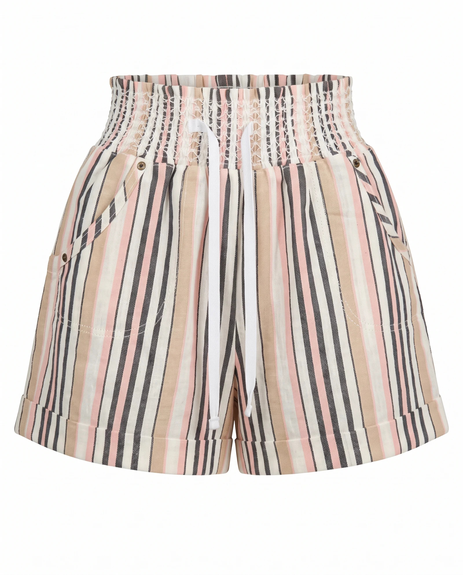 The Sunset Shore Smocked Linen-Blend Shorts — Blush Pink Sand Beige & Charcoal Multis — the linen edit — VAUDRE numbered luxury