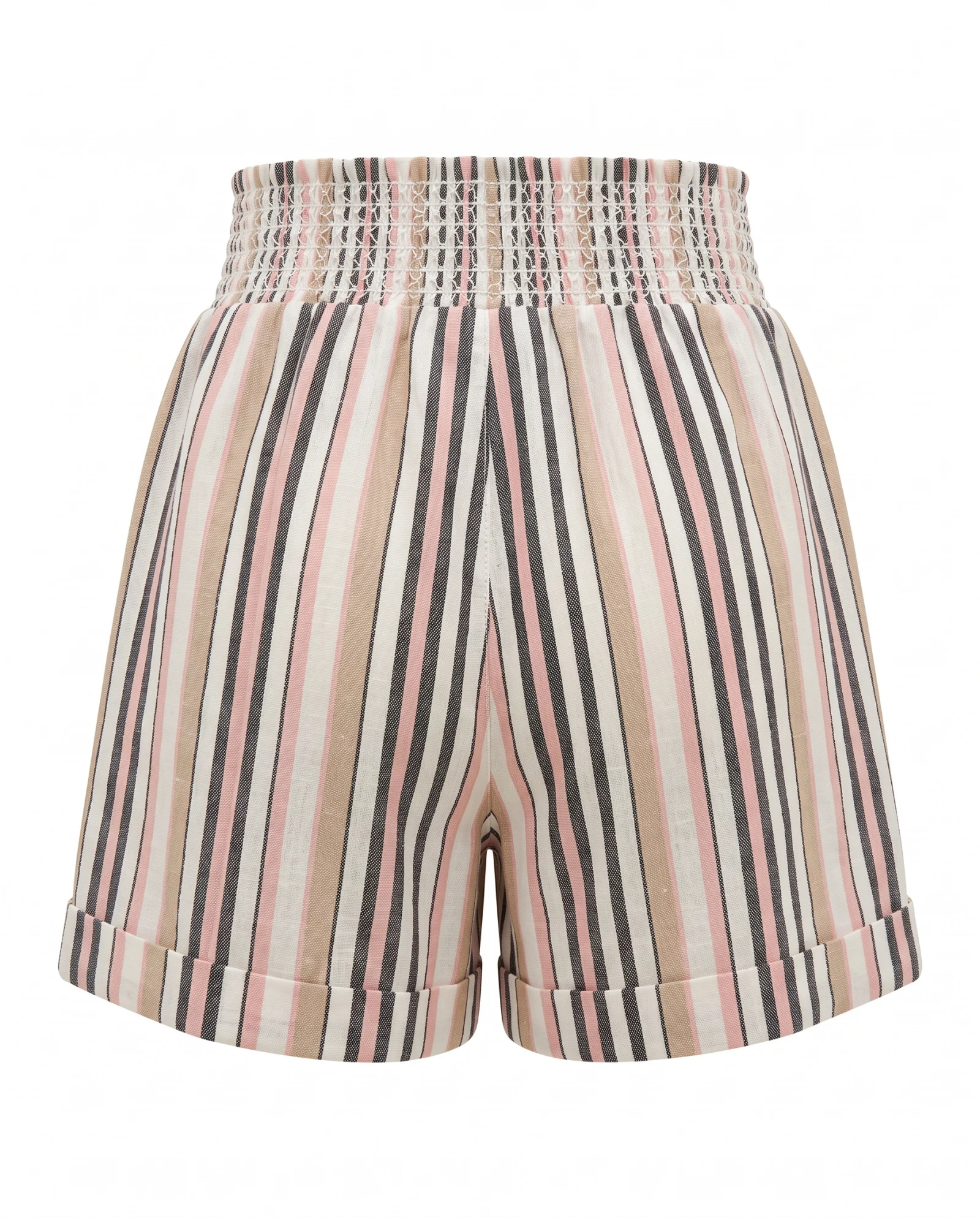The Sunset Shore Smocked Linen-Blend Shorts — Blush Pink Sand Beige & Charcoal Multis — the linen edit — VAUDRE numbered luxury — view 3