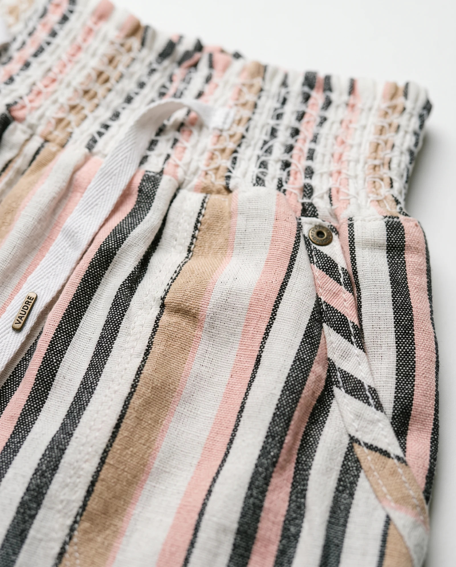 The Sunset Shore Smocked Linen-Blend Shorts — Blush Pink Sand Beige & Charcoal Multis — the linen edit — VAUDRE numbered luxury — view 5