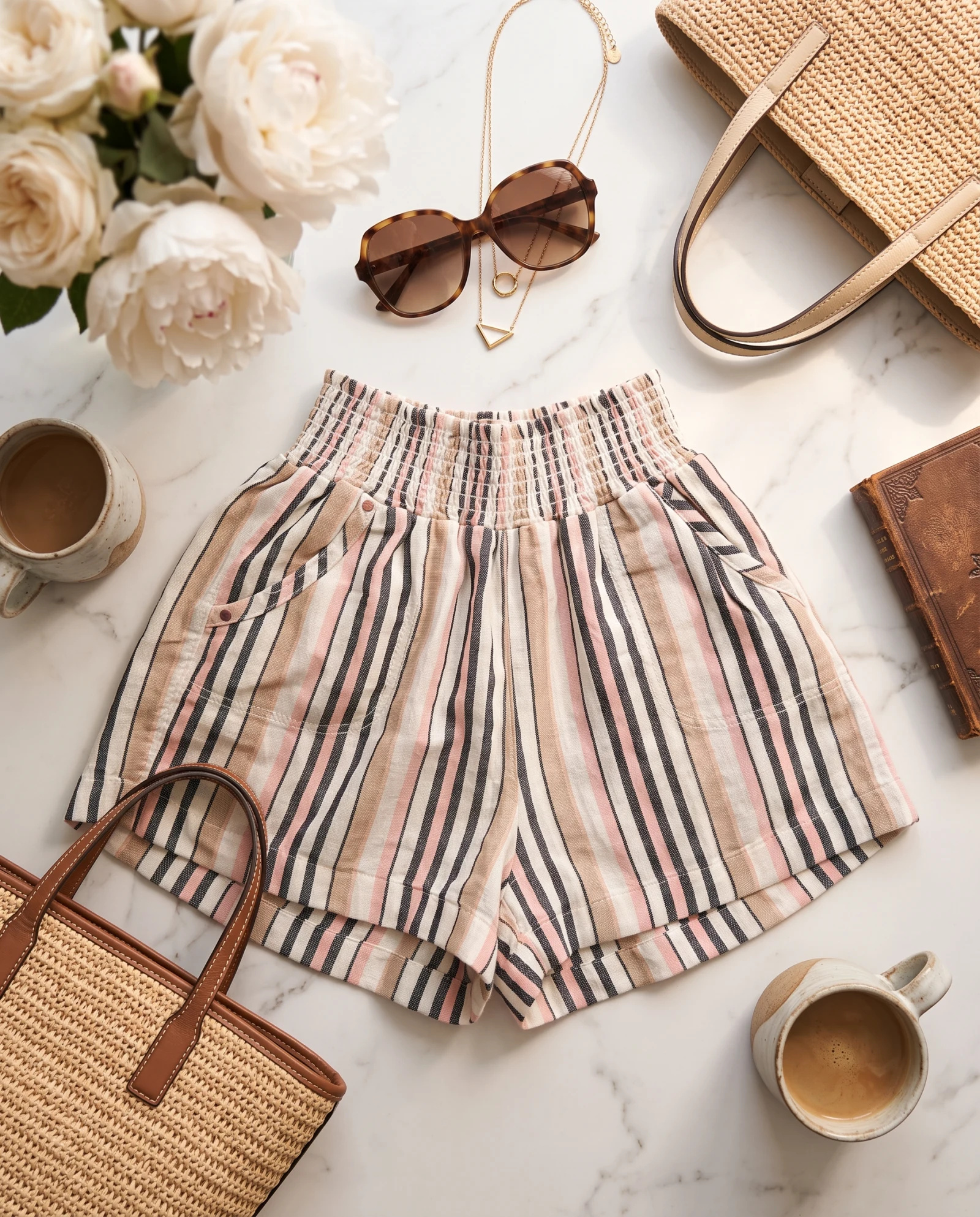 The Sunset Shore Smocked Linen-Blend Shorts — Blush Pink Sand Beige & Charcoal Multis — the linen edit — VAUDRE numbered luxury — view 4