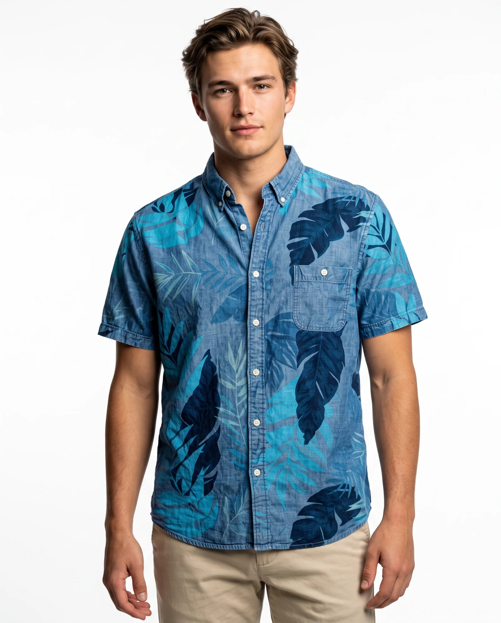 The Indigo Palm Chambray Resort Button-Down — Indigo Blue & Sky Botanical Palm Print — resort & beach wear — VAUDRE numbered luxury — view 2