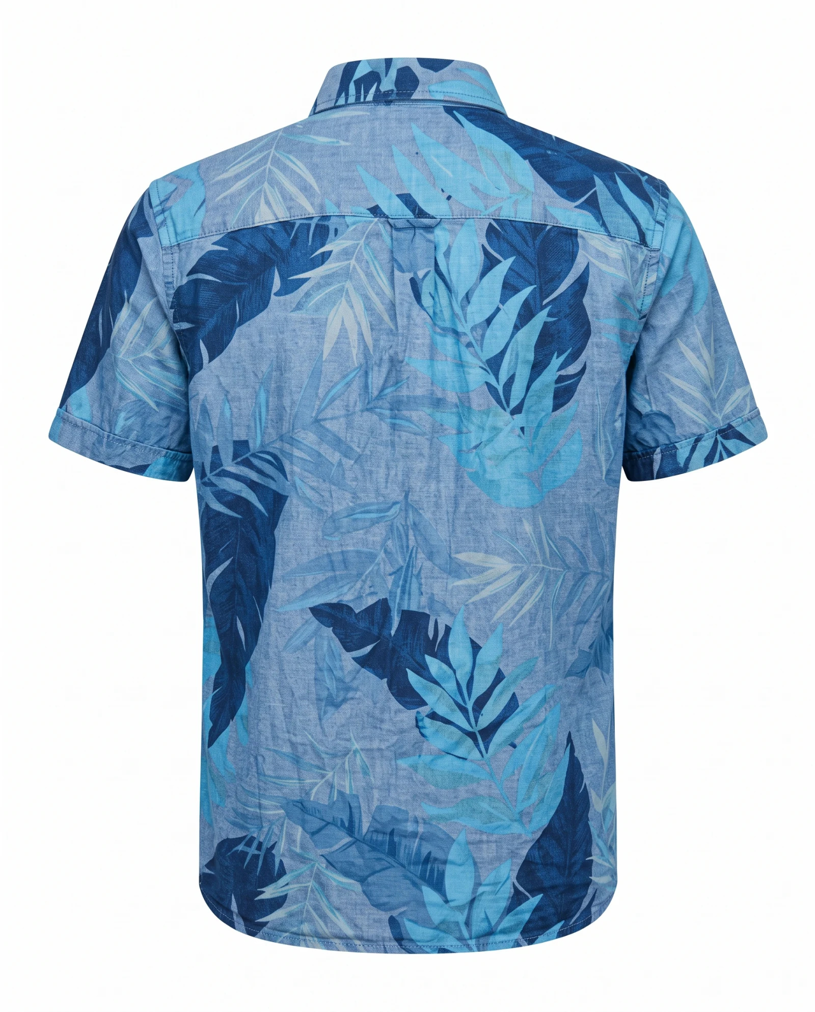 The Indigo Palm Chambray Resort Button-Down — Indigo Blue & Sky Botanical Palm Print — resort & beach wear — VAUDRE numbered luxury — view 3
