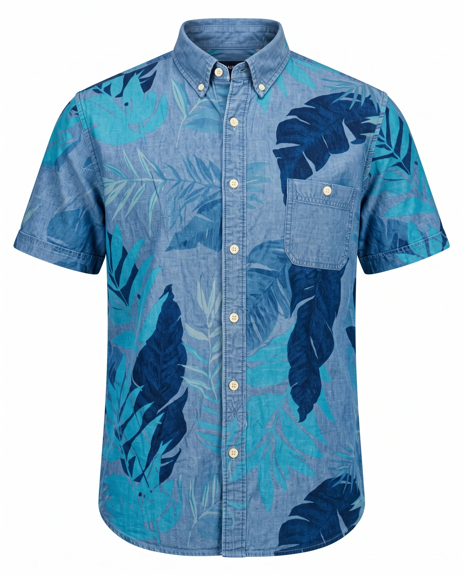 The Indigo Palm Chambray Resort Button-Down — Indigo Blue & Sky Botanical Palm Print — resort & beach wear — VAUDRE numbered luxury