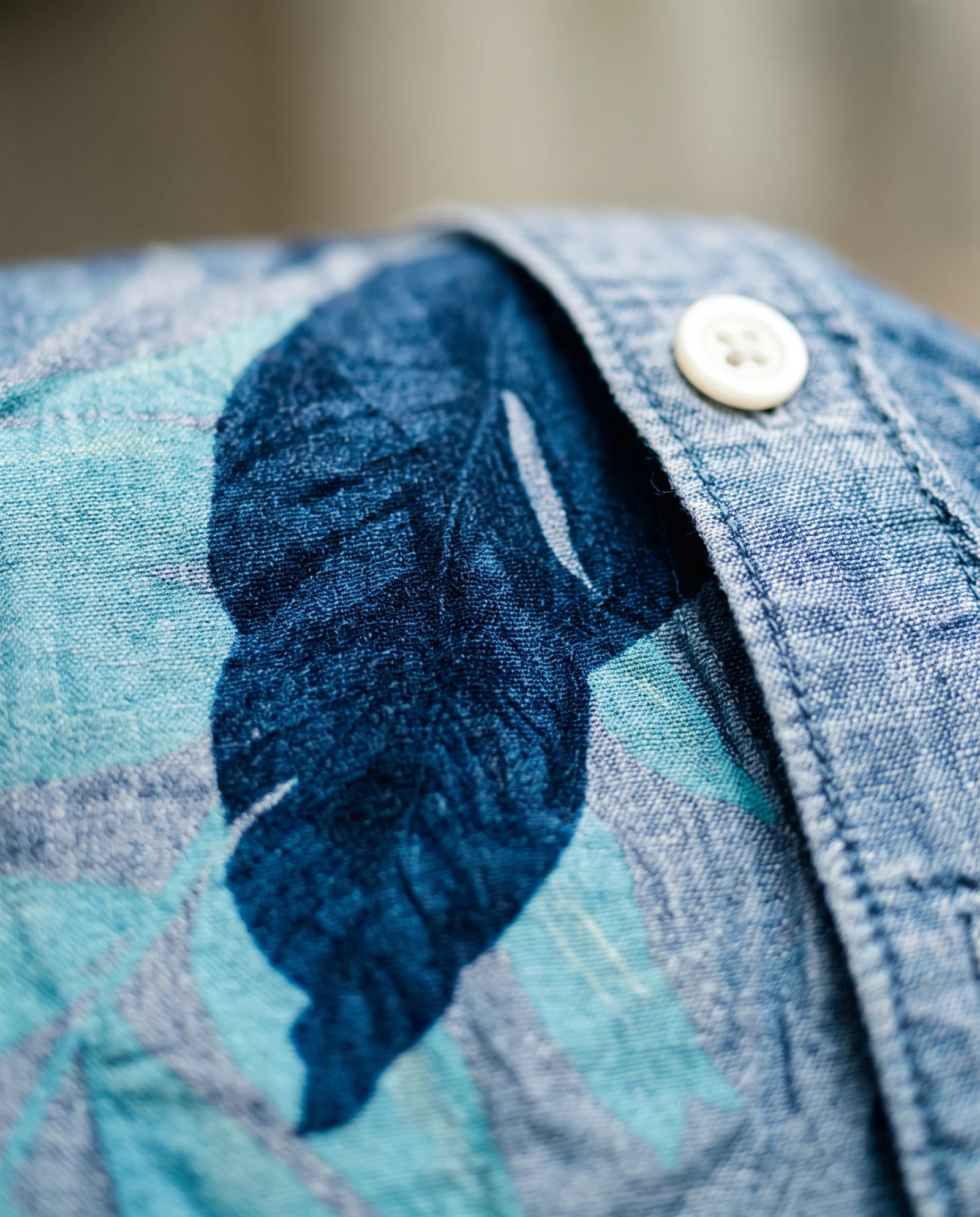 The Indigo Palm Chambray Resort Button-Down — Indigo Blue & Sky Botanical Palm Print — resort & beach wear — VAUDRE numbered luxury — view 5