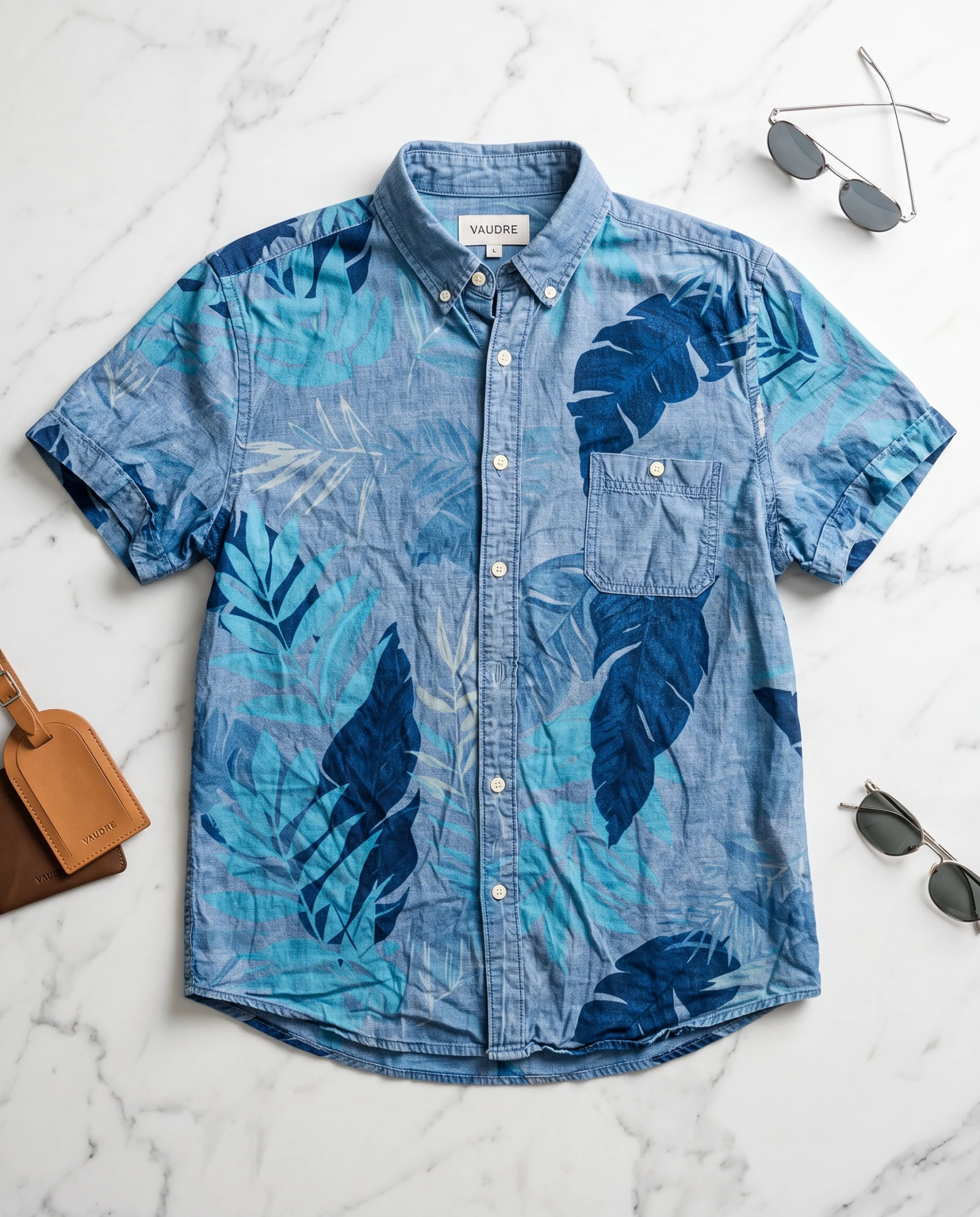 The Indigo Palm Chambray Resort Button-Down — Indigo Blue & Sky Botanical Palm Print — resort & beach wear — VAUDRE numbered luxury — view 4