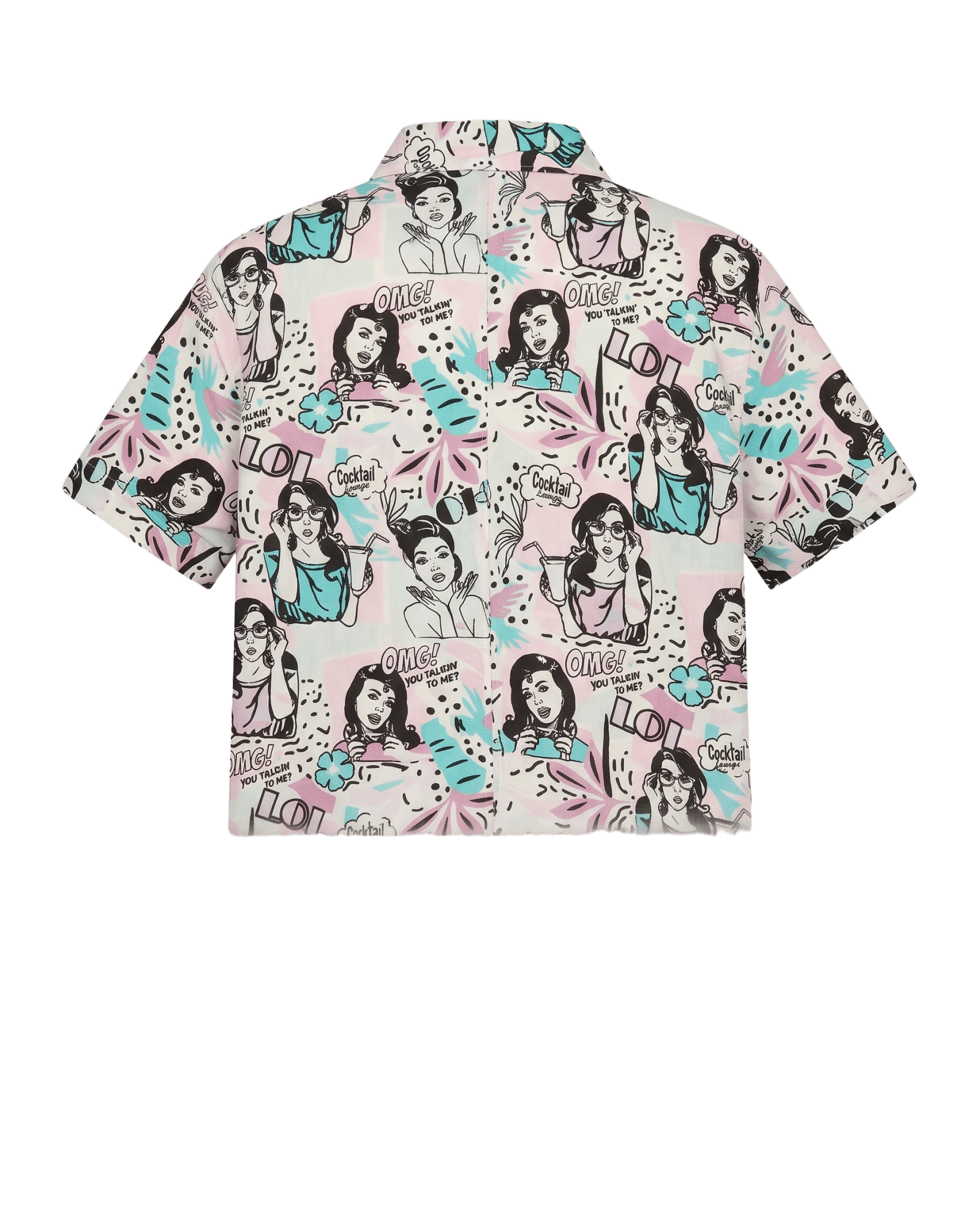 The Pop Art Dialogue Boxy Camp Shirt — Pastel Bubblegum Pink Mint Aqua & Blac — the blouses — VAUDRE numbered luxury — view 3