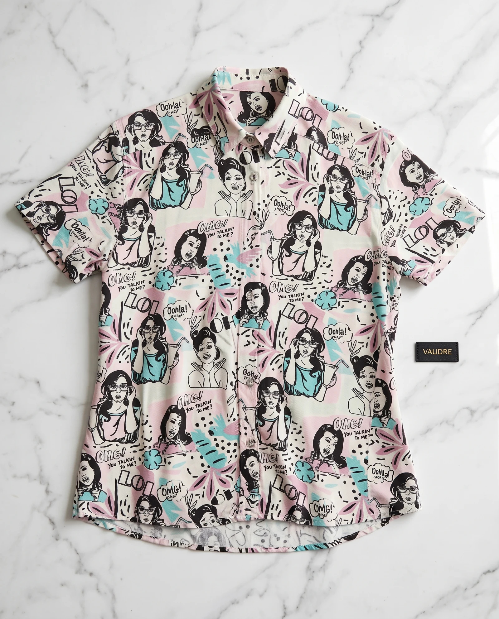 The Pop Art Dialogue Boxy Camp Shirt — Pastel Bubblegum Pink Mint Aqua & Blac — the blouses — VAUDRE numbered luxury