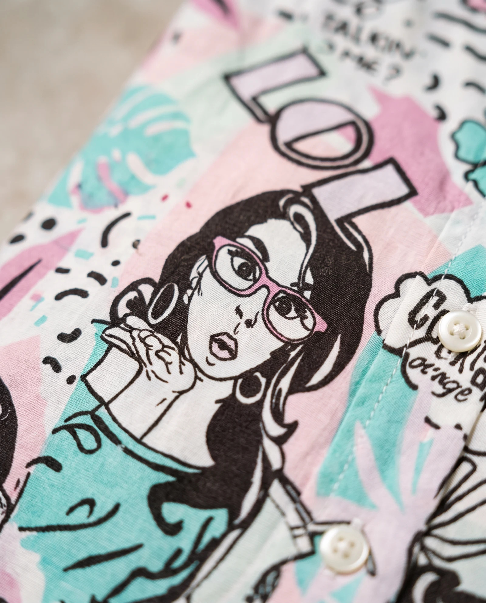 The Pop Art Dialogue Boxy Camp Shirt — Pastel Bubblegum Pink Mint Aqua & Blac — the blouses — VAUDRE numbered luxury — view 4