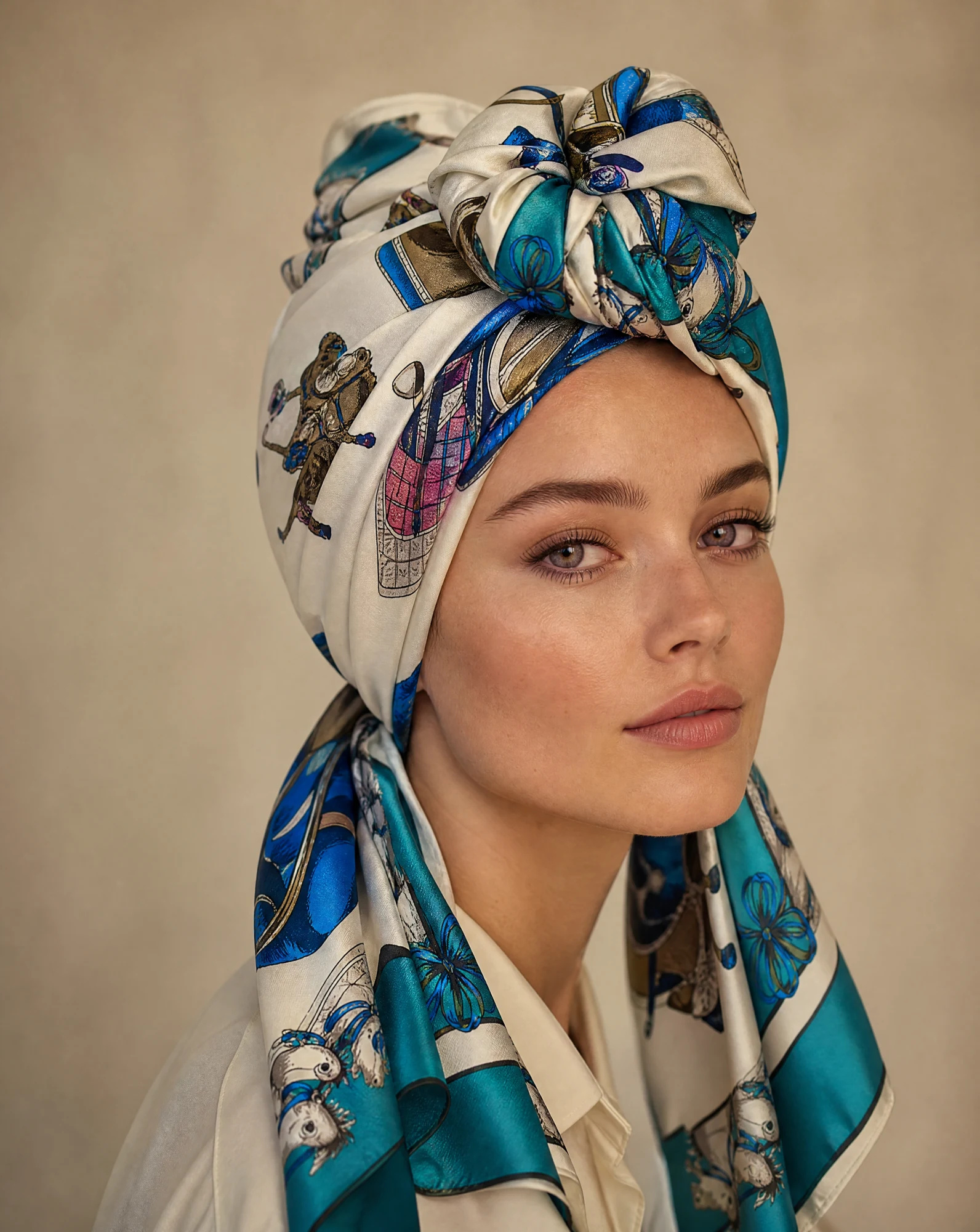 The Imperial Equestrian Silk Twill Foulard Scarf — Turquoise Teal Ivory Cream & Royal Navy — accessories — VAUDRE numbered luxury — view 3