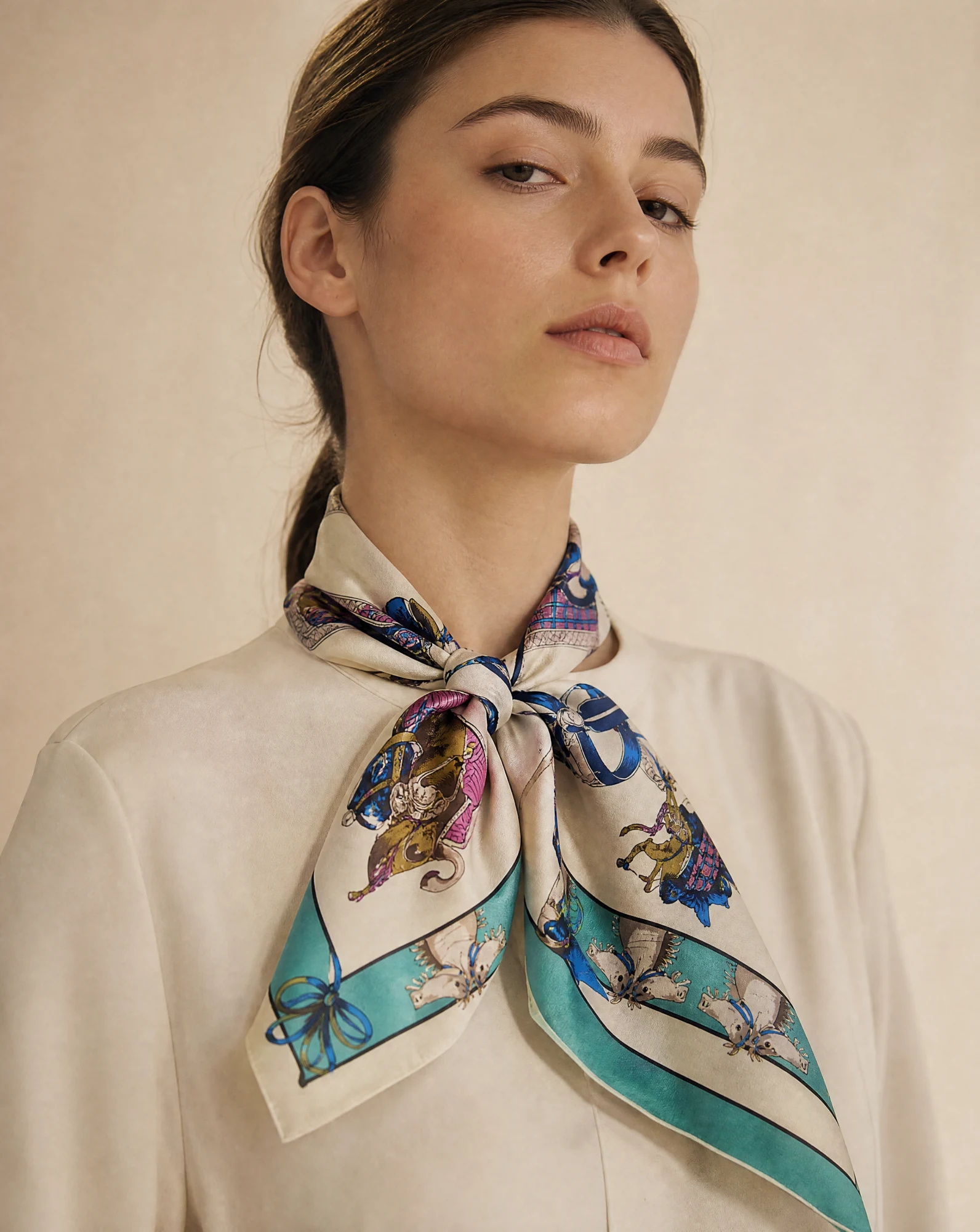 The Imperial Equestrian Silk Twill Foulard Scarf — Turquoise Teal Ivory Cream & Royal Navy — accessories — VAUDRE numbered luxury — view 2