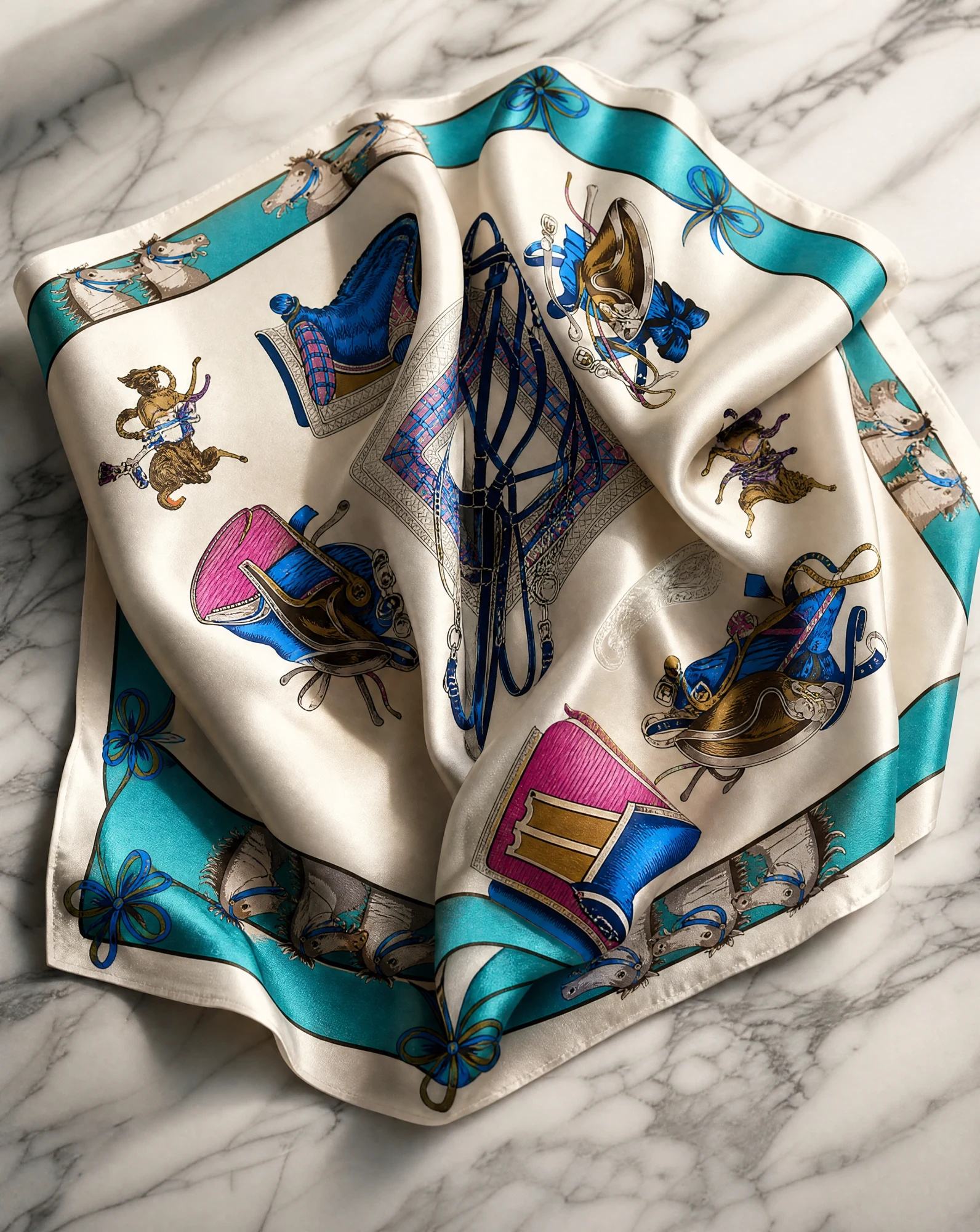 The Imperial Equestrian Silk Twill Foulard Scarf — Turquoise Teal Ivory Cream & Royal Navy — accessories — VAUDRE numbered luxury — view 4